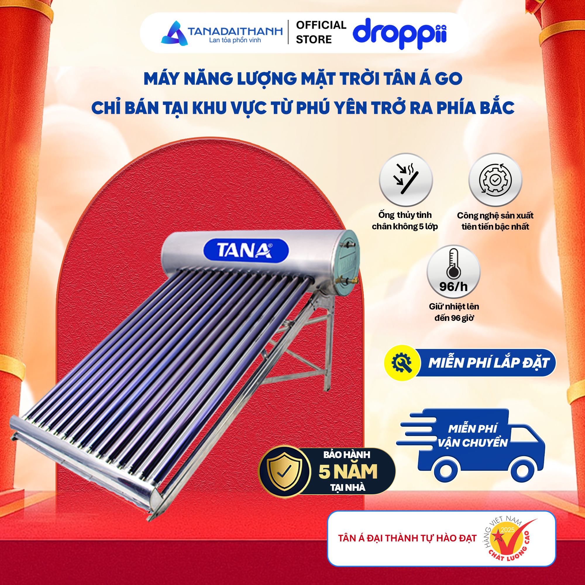 Máy nước nóng Năng lượng mặt trời TA-GO 58-24 240L (Phân phối từ khu vực Bình Định trở ra phía Bắc )