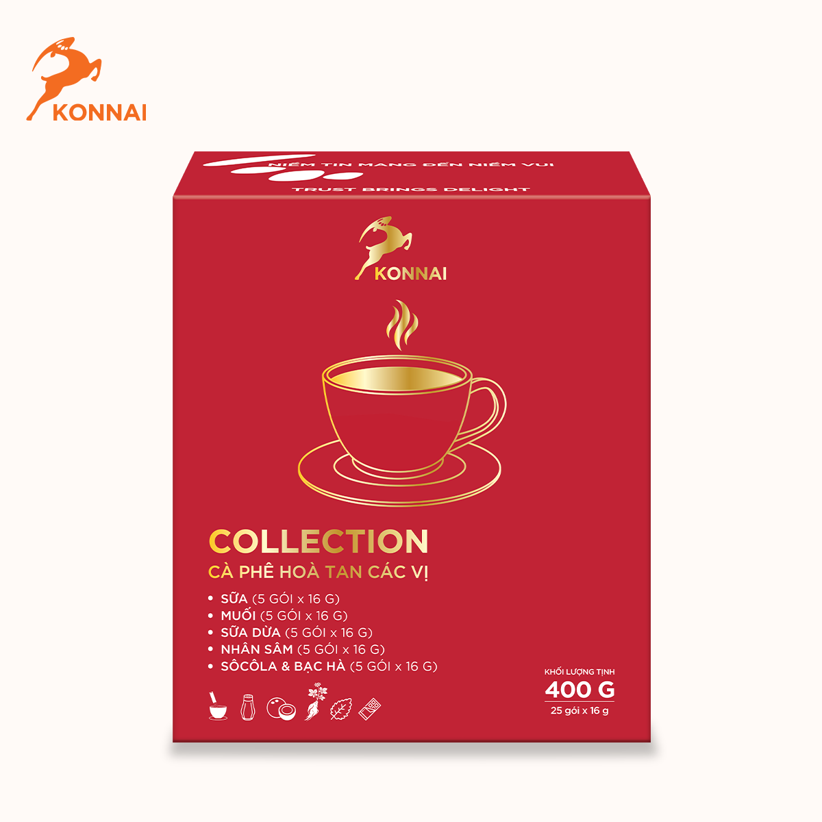 Cà phê mix 5 vị (cà phê muối, cà phê sữa dừa, cà phê socola & bạc hà, cà phê sữa, cà phê nhân sâm) Konnai Coffee 25 gói/hộp