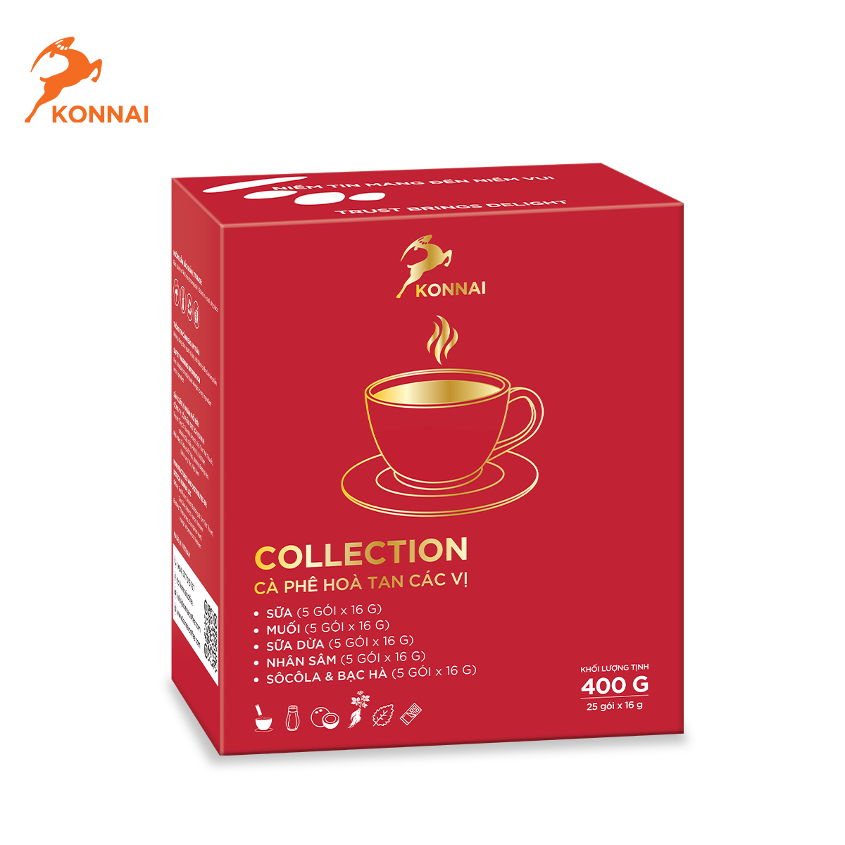 Cà phê mix 5 vị (cà phê muối, cà phê sữa dừa, cà phê socola & bạc hà, cà phê sữa, cà phê nhân sâm) Konnai Coffee 25 gói/hộp