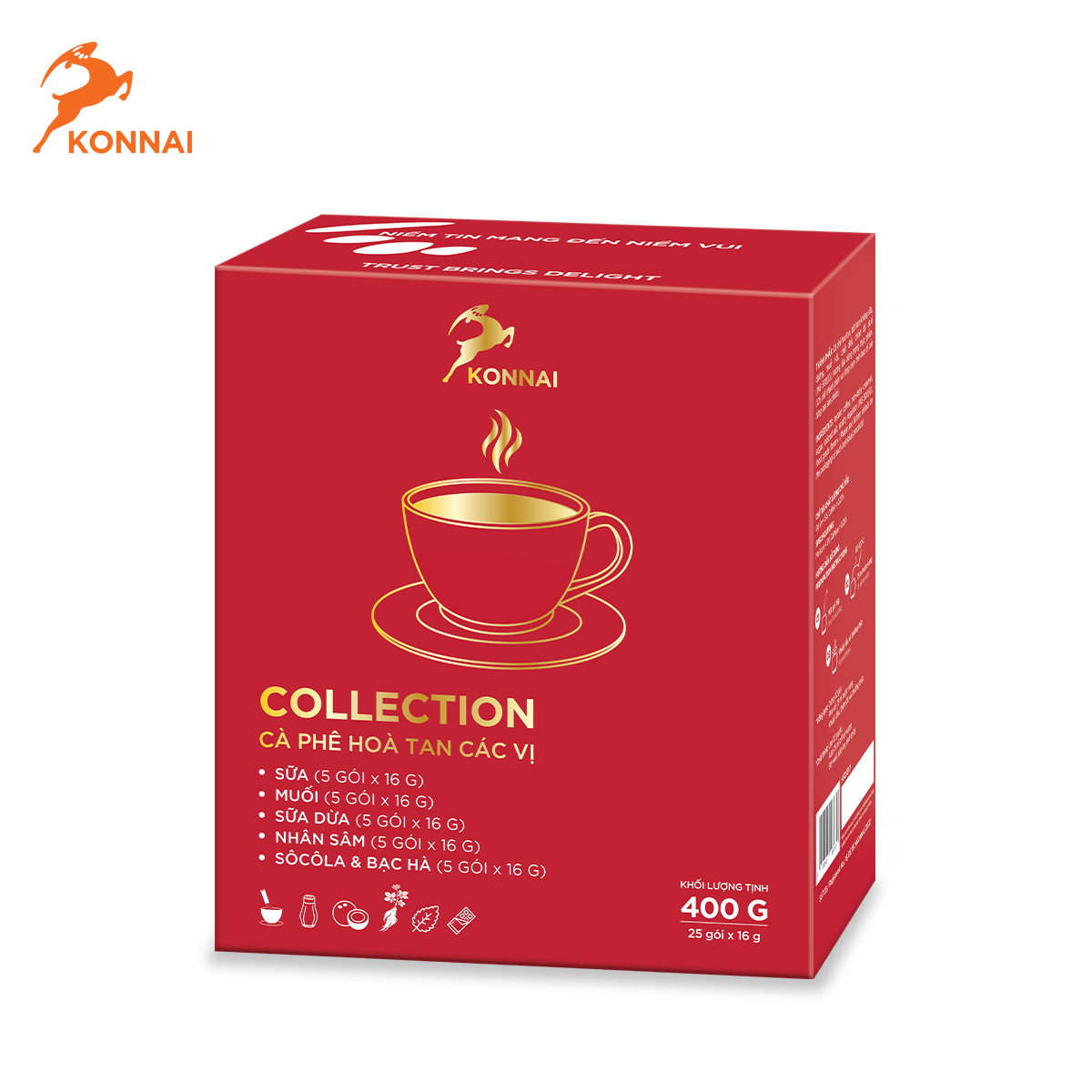 Cà phê mix 5 vị (cà phê muối, cà phê sữa dừa, cà phê socola & bạc hà, cà phê sữa, cà phê nhân sâm) Konnai Coffee 25 gói/hộp
