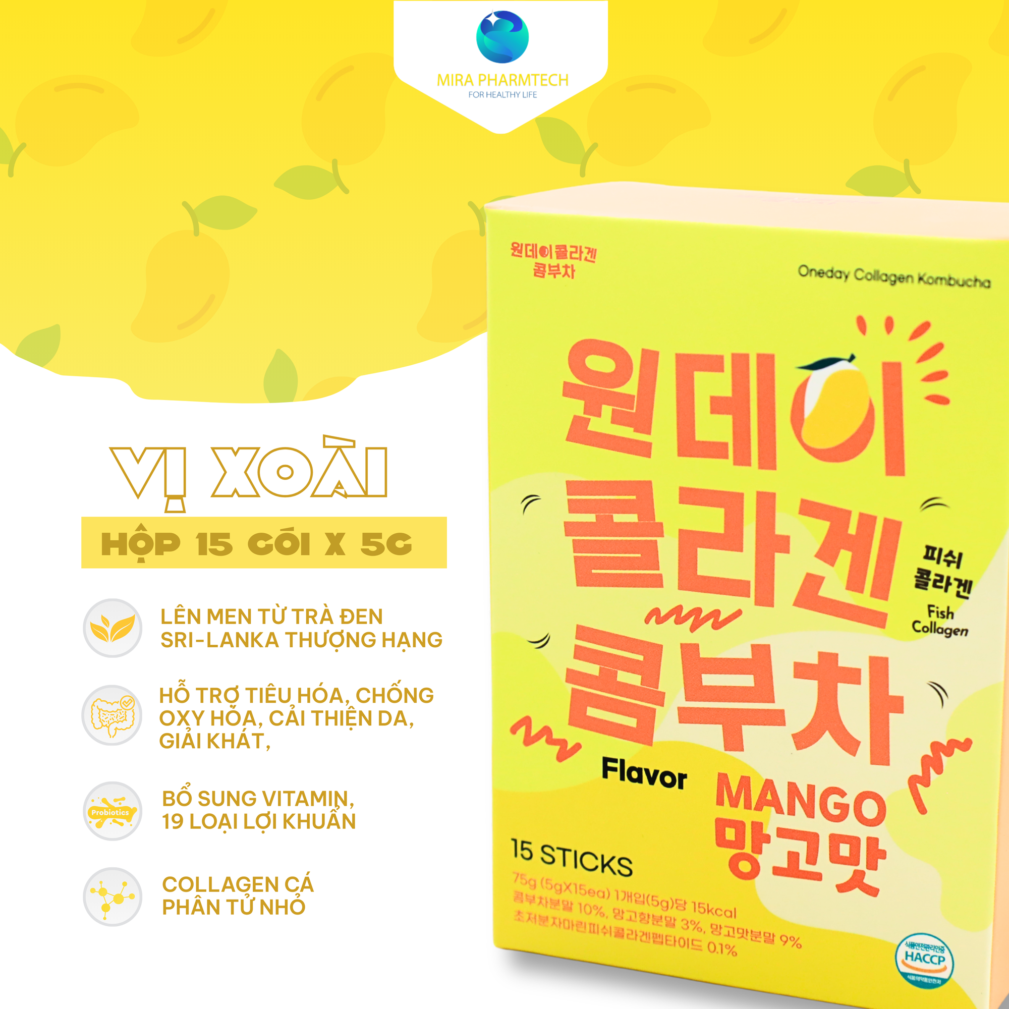 Thức uống lên men Kombucha Collagen Oneday hoà tan – giàu lợi khuẩn Vị Xoài (Hộp 15 gói x 5g)