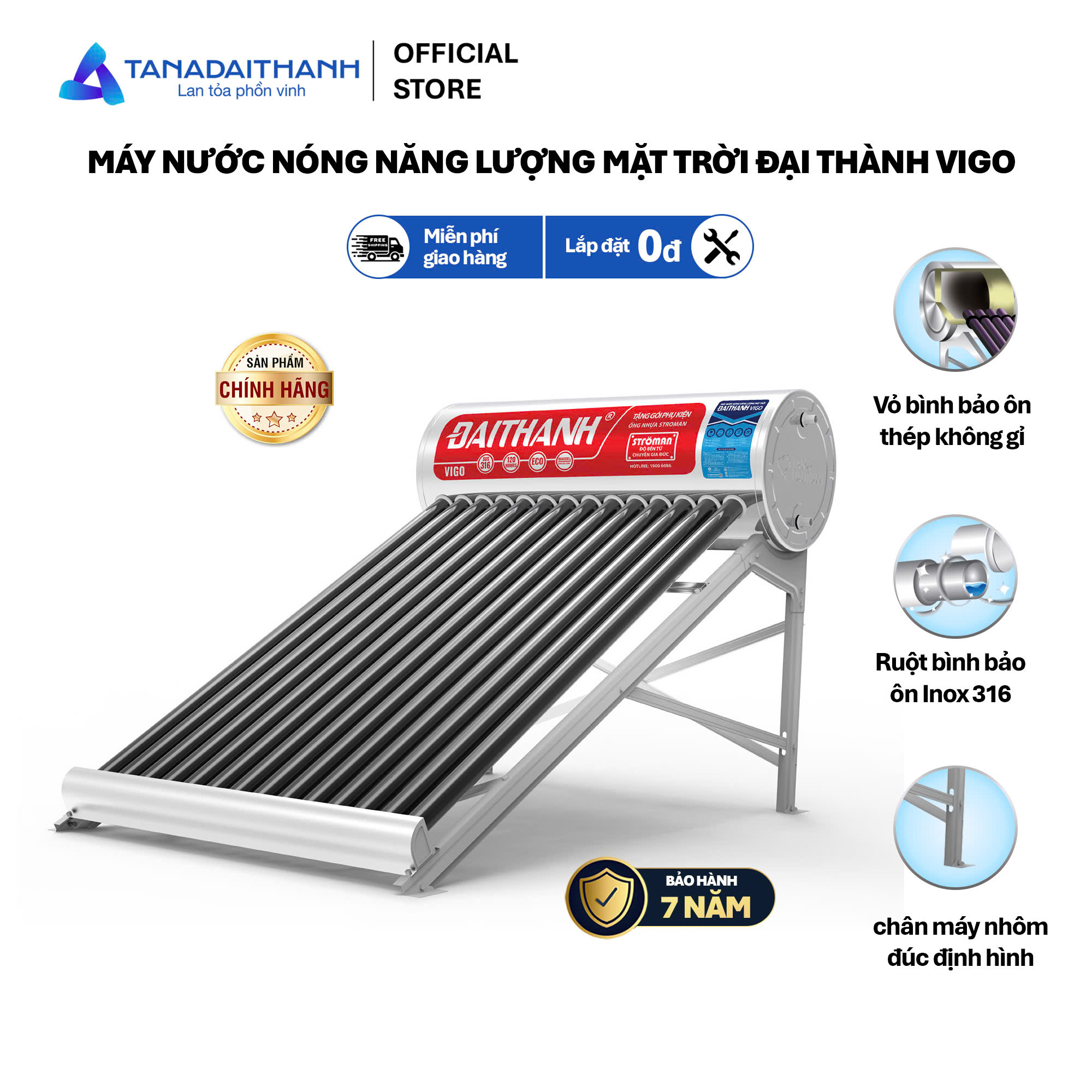 Máy nước nóng Năng lượng mặt trời Đại Thành Vigo 215L 58-21 – (Phân phối từ Kon Tum trở vào khu vực phía Nam)