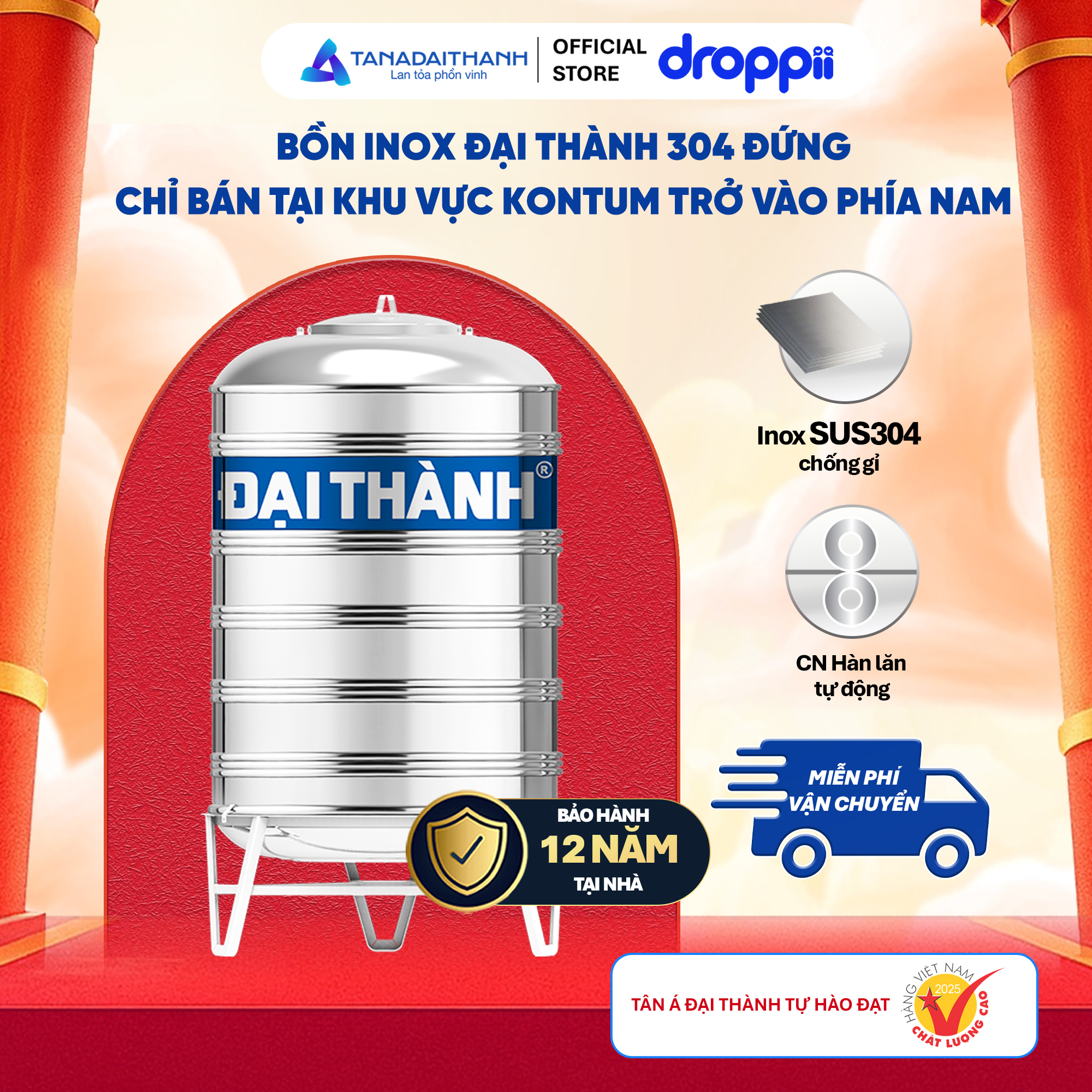 Bồn inox Đại Thành 304 đứng 3000l ĐK 1360 (Phân phối từ Kon Tum trở vào khu vực phía Nam)