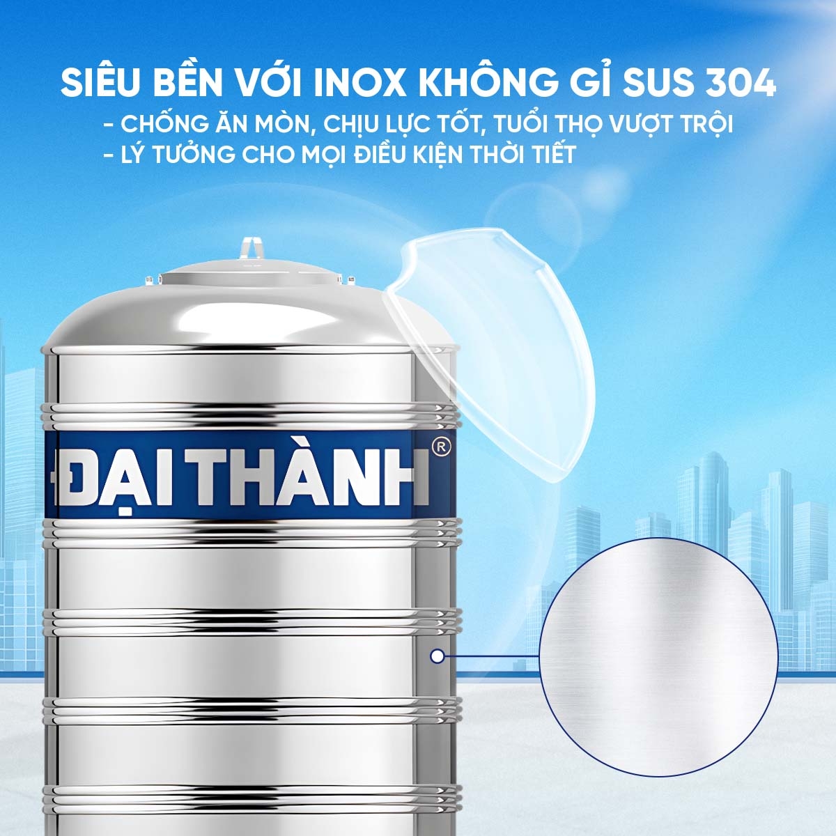 Bồn inox Đại Thành 304 đứng 3000l ĐK 1360 (Phân phối từ Kon Tum trở vào khu vực phía Nam)