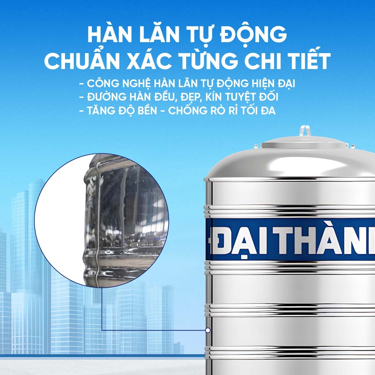 Bồn inox Đại Thành 304 đứng 3000l ĐK 1360 (Phân phối từ Kon Tum trở vào khu vực phía Nam)