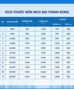Bồn inox Đại Thành 304 đứng 2500l ĐK 1170 (Phân phối từ Kon Tum trở vào khu vực phía Nam)
