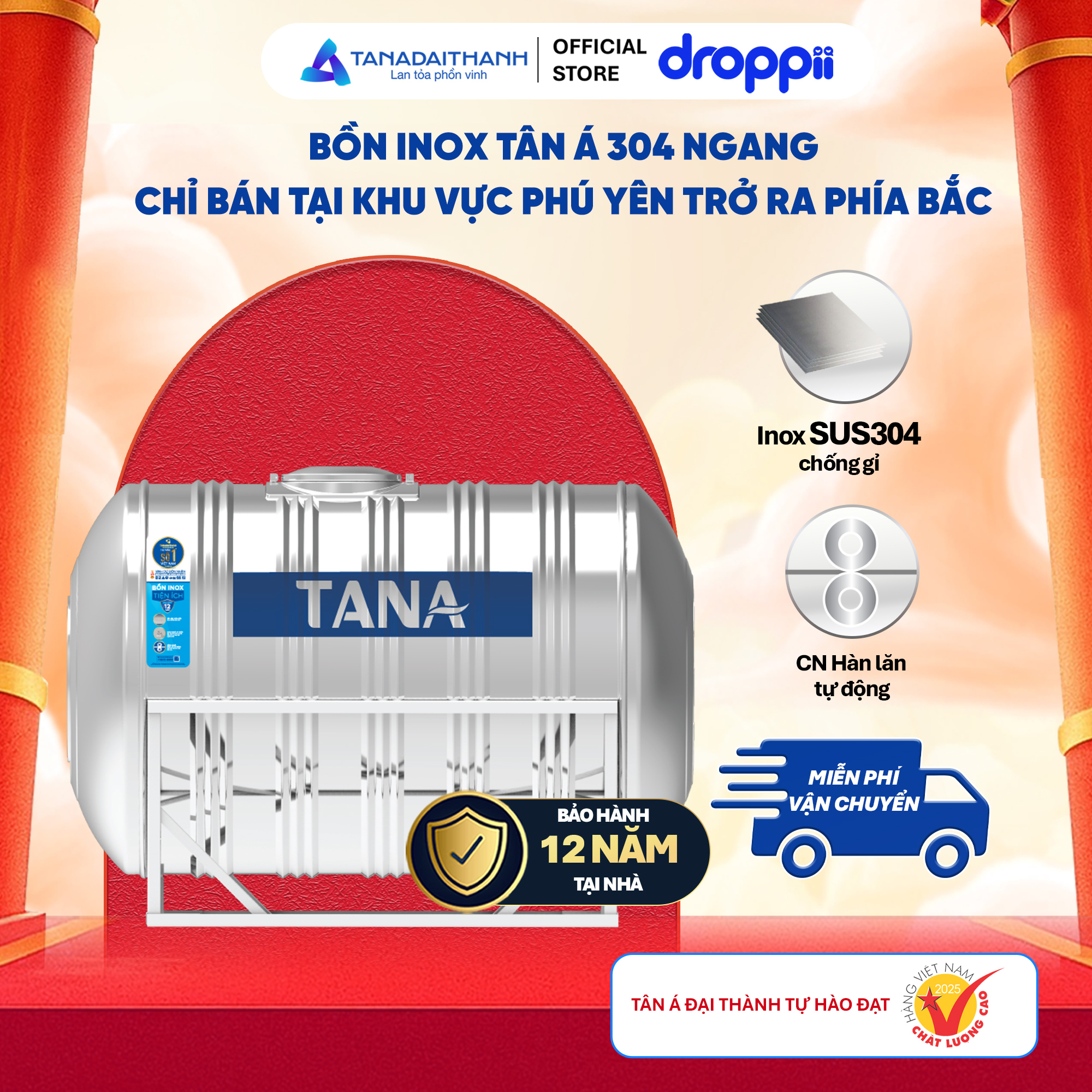 Bồn inox Tân Á ngang 6000l ĐK 1400 (Phân phối từ khu vực Bình Định trở ra phía Bắc)