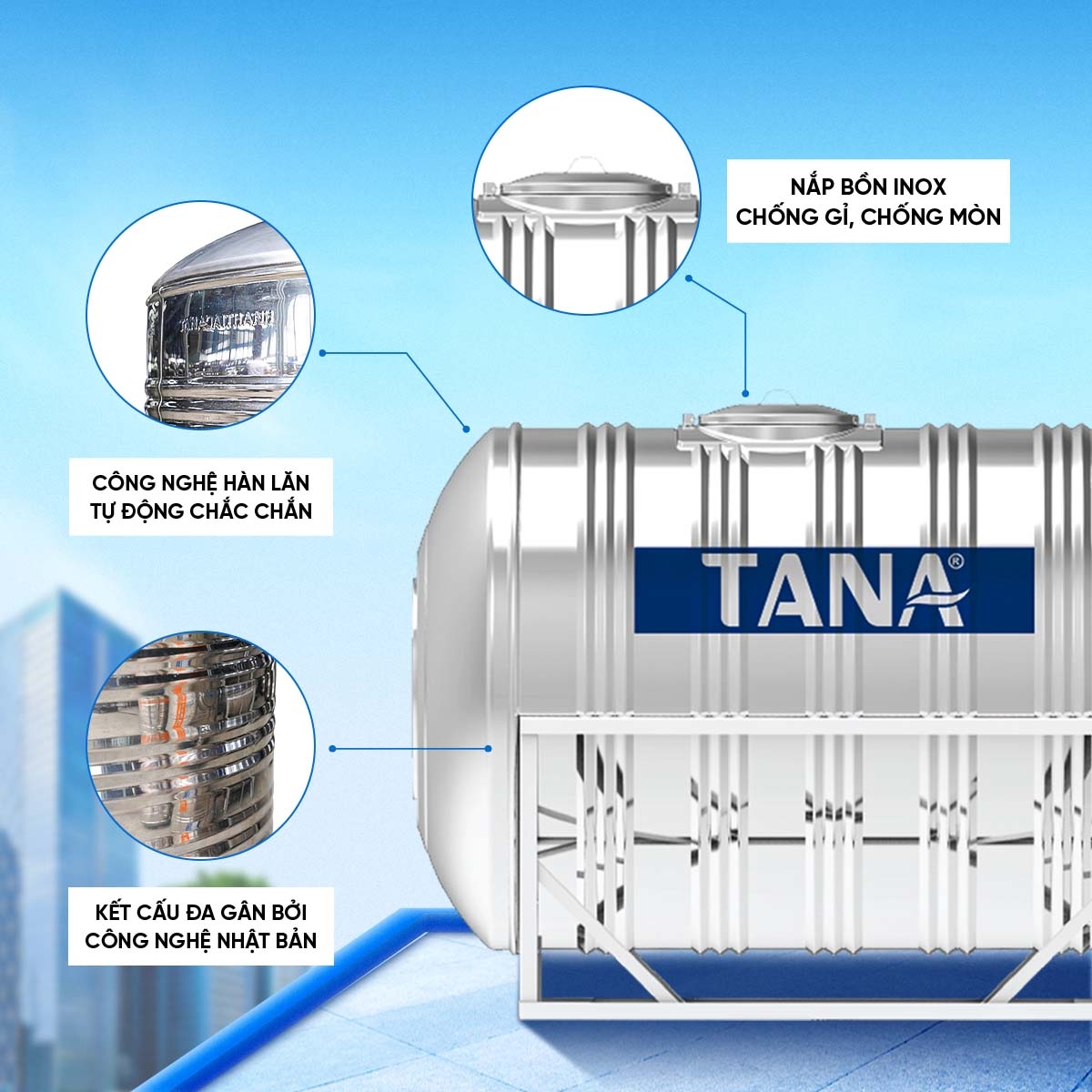 Bồn inox Tân Á ngang 5000l ĐK 1400 (Phân phối từ khu vực Bình Định trở ra phía Bắc)