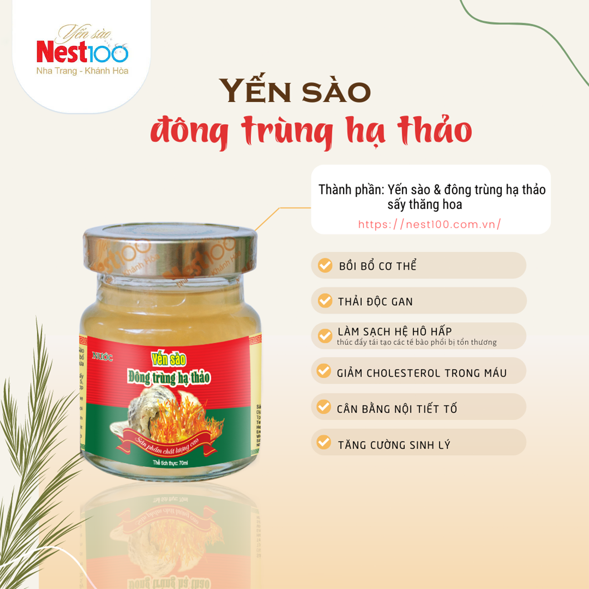 Nước Yến sào Đông trùng hạ thảo Nest100 – Có đường (70ml)