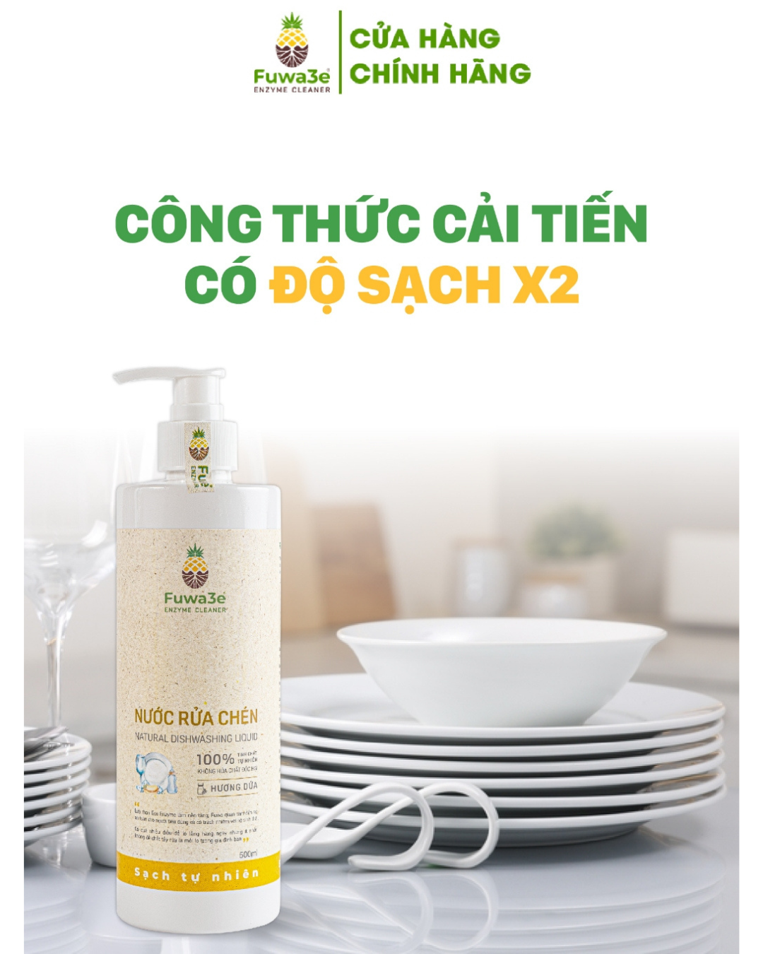 Nước rửa chén FUWA3E Enzyme sạch x2 không dư lượng 500ml