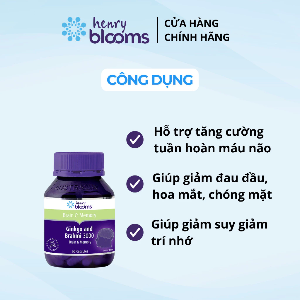 Viên uống hỗ trợ hoạt huyết HENRY BLOOMS Ginkgo & Brahmi 3000 tăng cường tuần hoàn máu não (hộp 60 viên)