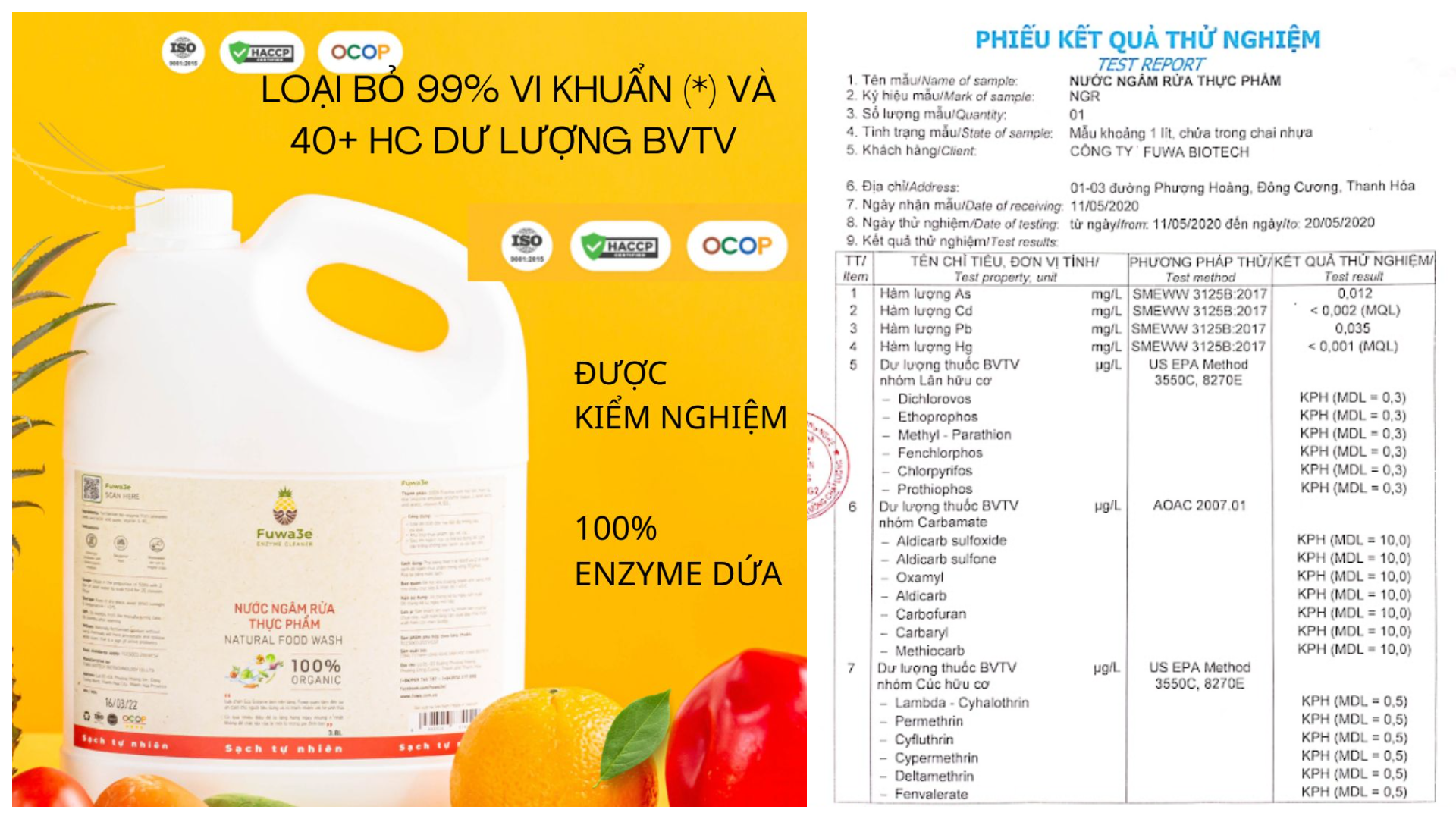 Nước ngâm rửa thực phẩm FUWA3E loại bỏ 40+ tồn dư BVTV 100ml