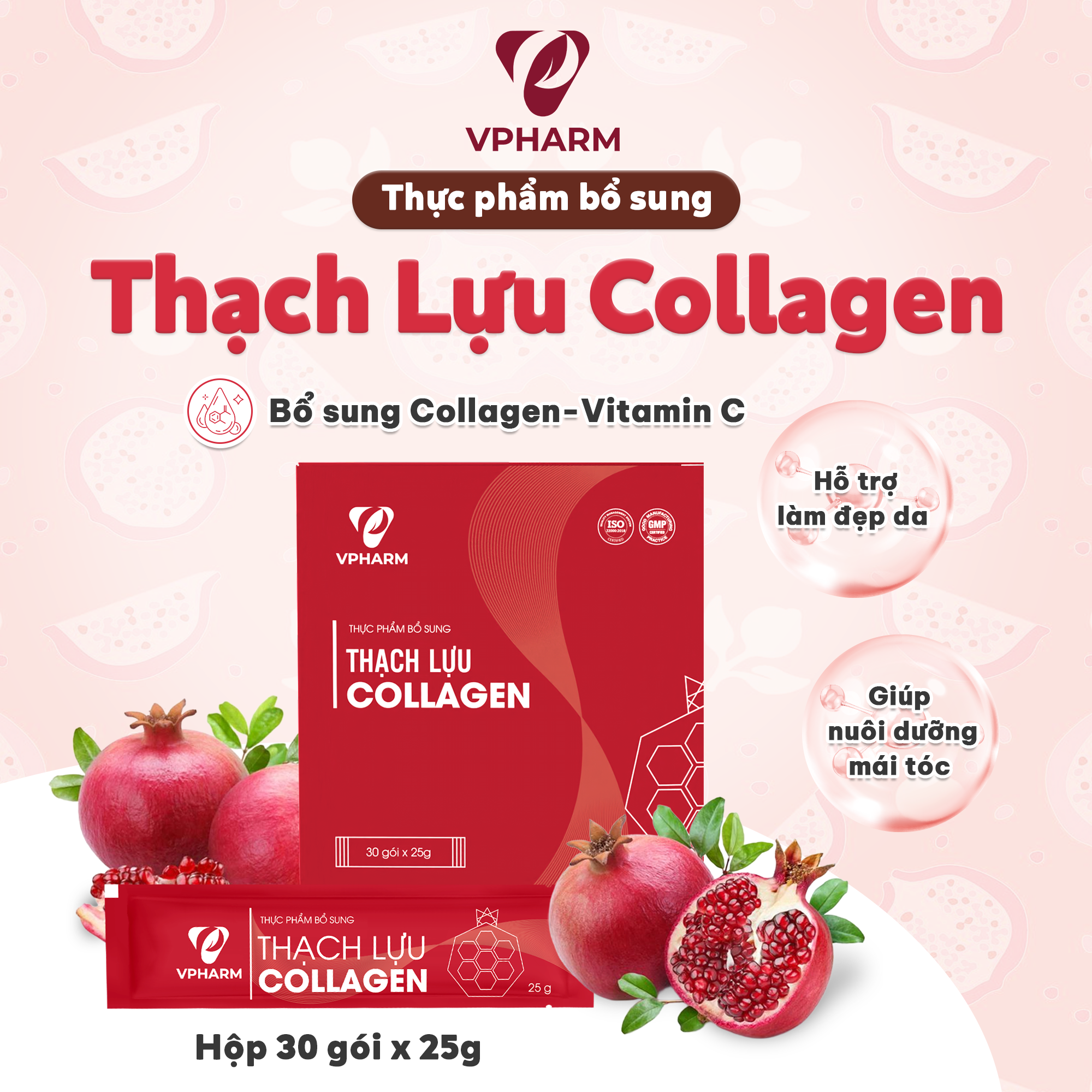 Thực phẩm bổ sung Thạch lựu Collagen – Hộp 30 gói