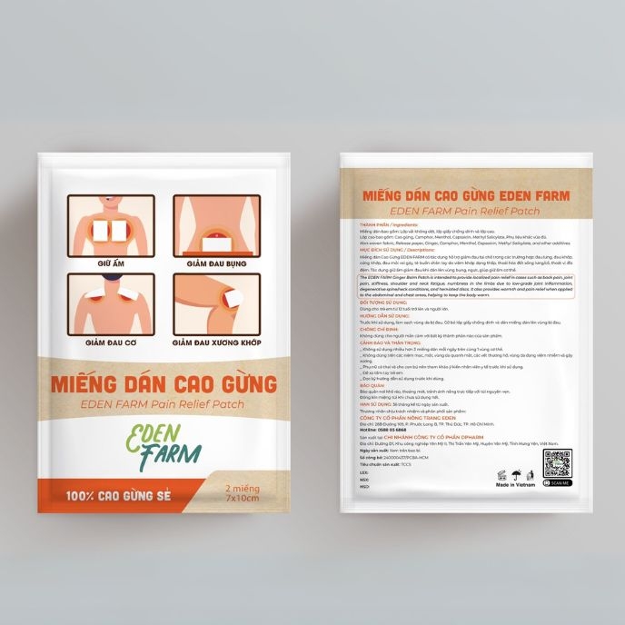 Miếng dán cao gừng Eden Farm – Giảm đau mỏi xương khớp cổ vai gáy – Hộp 10 miếng 11x15cm