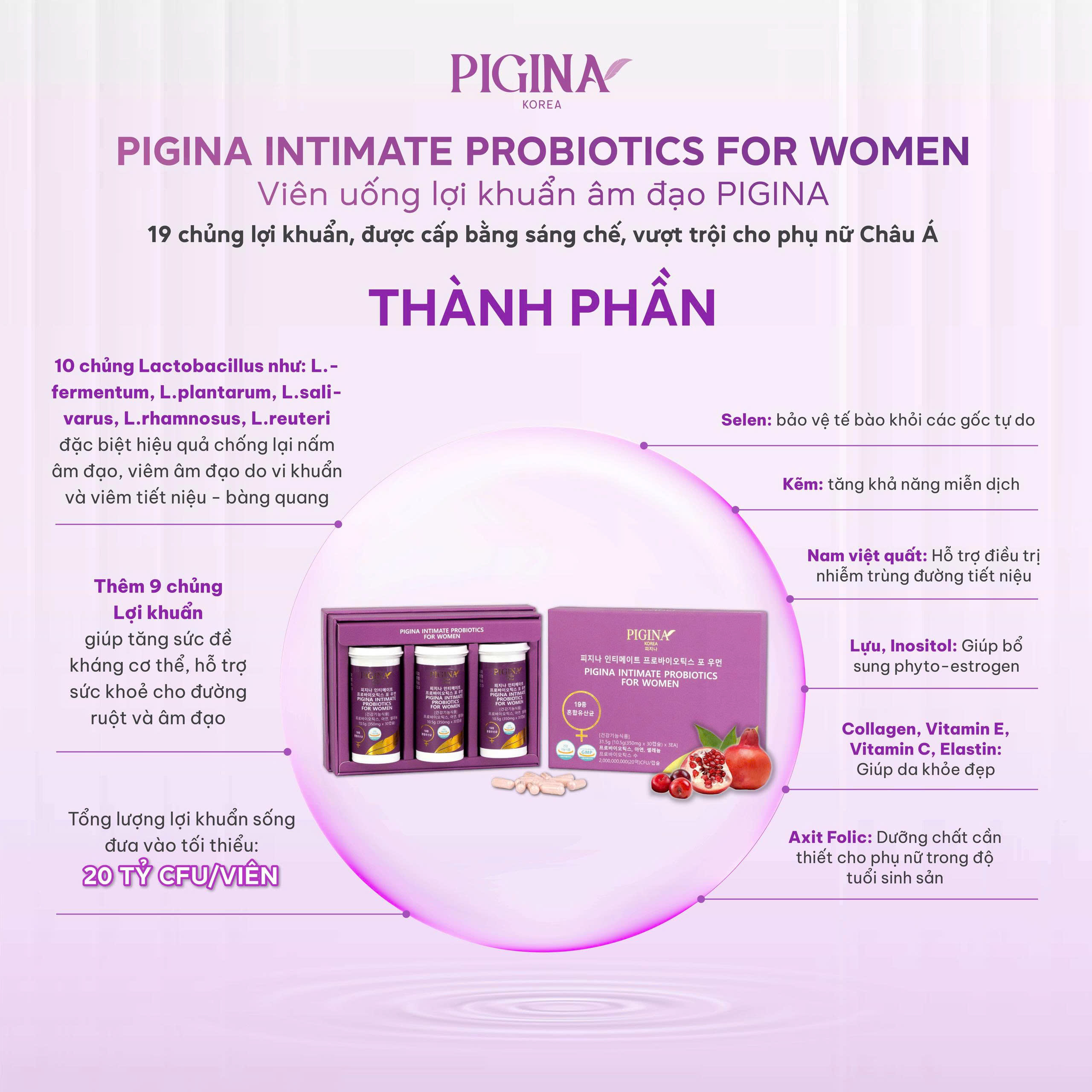 Set 3 viên uống bổ sung lợi khuẩn cho Nữ giới Pigina (3 lọ x 30 viên)