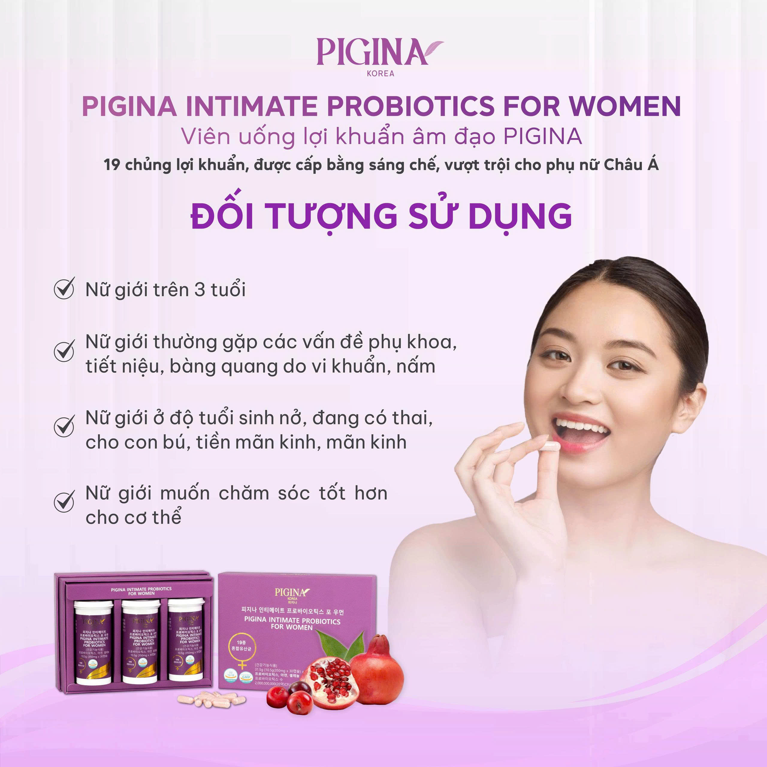Set 3 viên uống bổ sung lợi khuẩn cho Nữ giới Pigina (3 lọ x 30 viên)