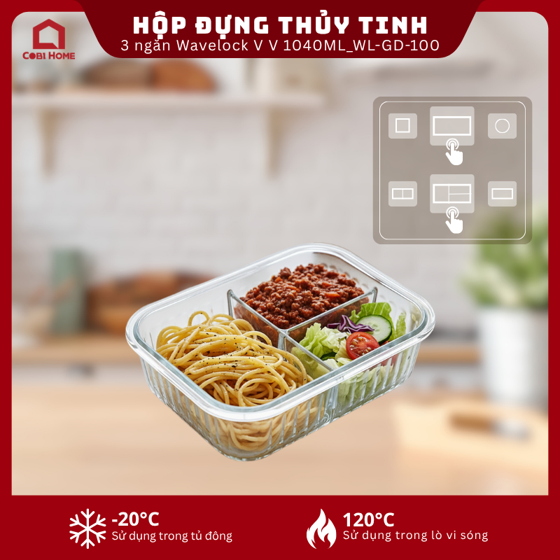 Hộp đựng thực phẩm thủy tinh 3 ngăn Wavelock V 1040ML_364371