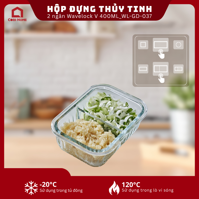 Hộp đựng thực phẩm thủy tinh 2 ngăn Neoflam Wavelock V 400ml_364369