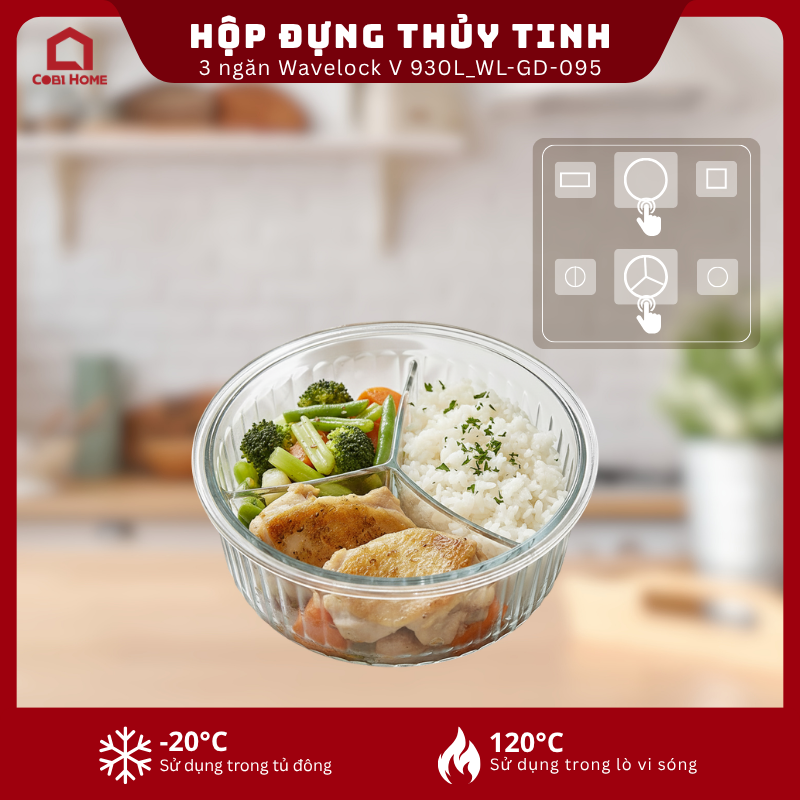 Hộp đựng thực phẩm thủy tinh 3 ngăn Neoflam Wavelock V 930L_364372