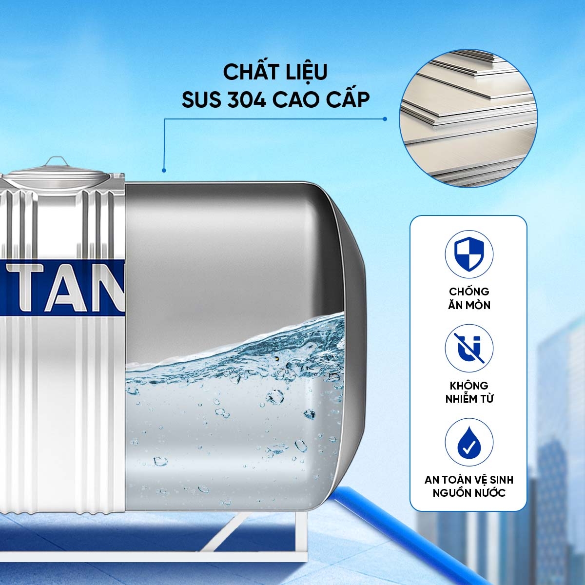 Bồn nước ngang Inox Tân Á 500L ĐK700 – Chỉ bán tại miền Bắc