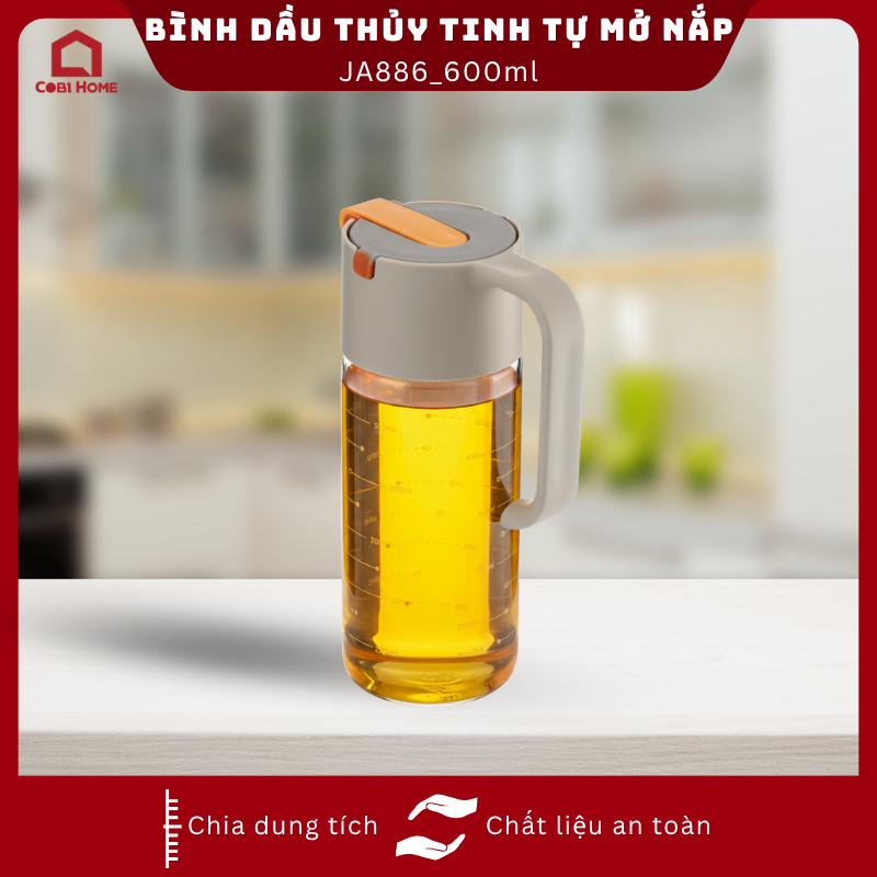 Bình dầu thủy tinh tự mở nắp có tay cầm dung tích 600ml có chia dung tích_376072