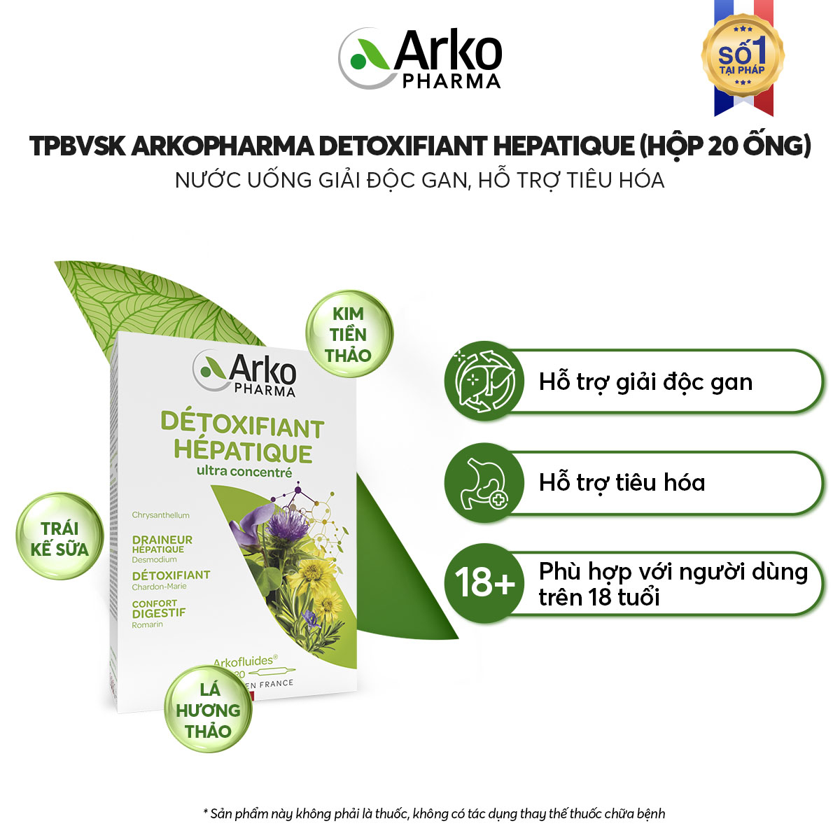 Nước uống ARKOPHARMA DETOXIFIANT HEPATIQUE hỗ trợ giải độc gan, hỗ trợ tiêu hóa (Hộp 20 ống)