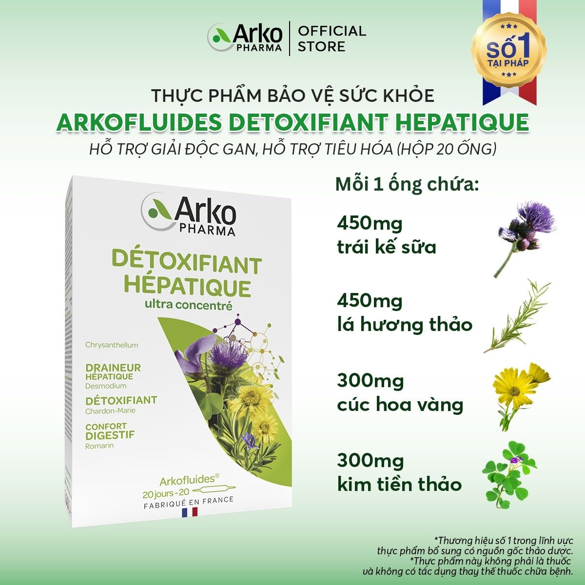 Nước uống ARKOPHARMA DETOXIFIANT HEPATIQUE hỗ trợ giải độc gan, hỗ trợ tiêu hóa (Hộp 20 ống)