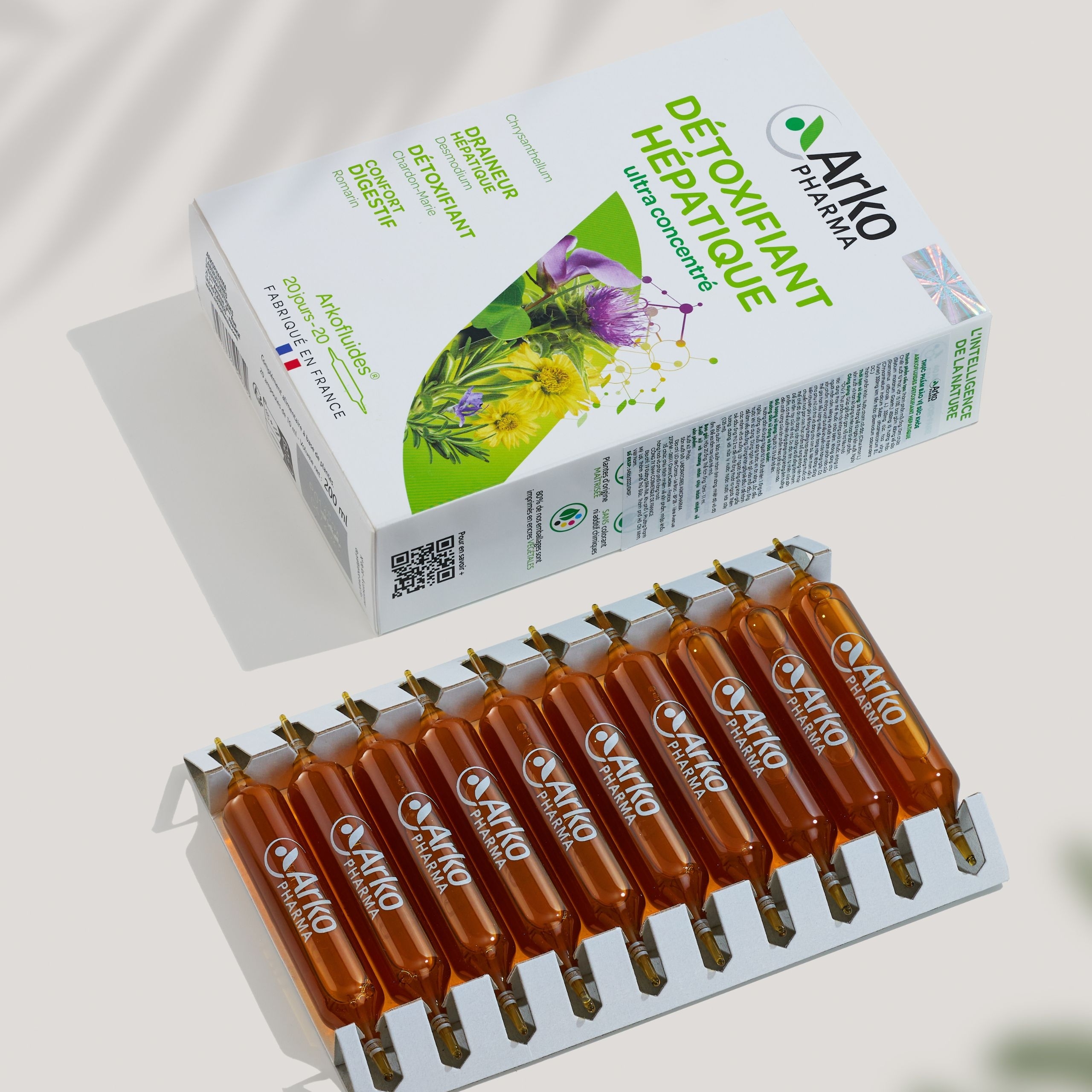 Nước uống ARKOPHARMA DETOXIFIANT HEPATIQUE hỗ trợ giải độc gan, hỗ trợ tiêu hóa (Hộp 20 ống)