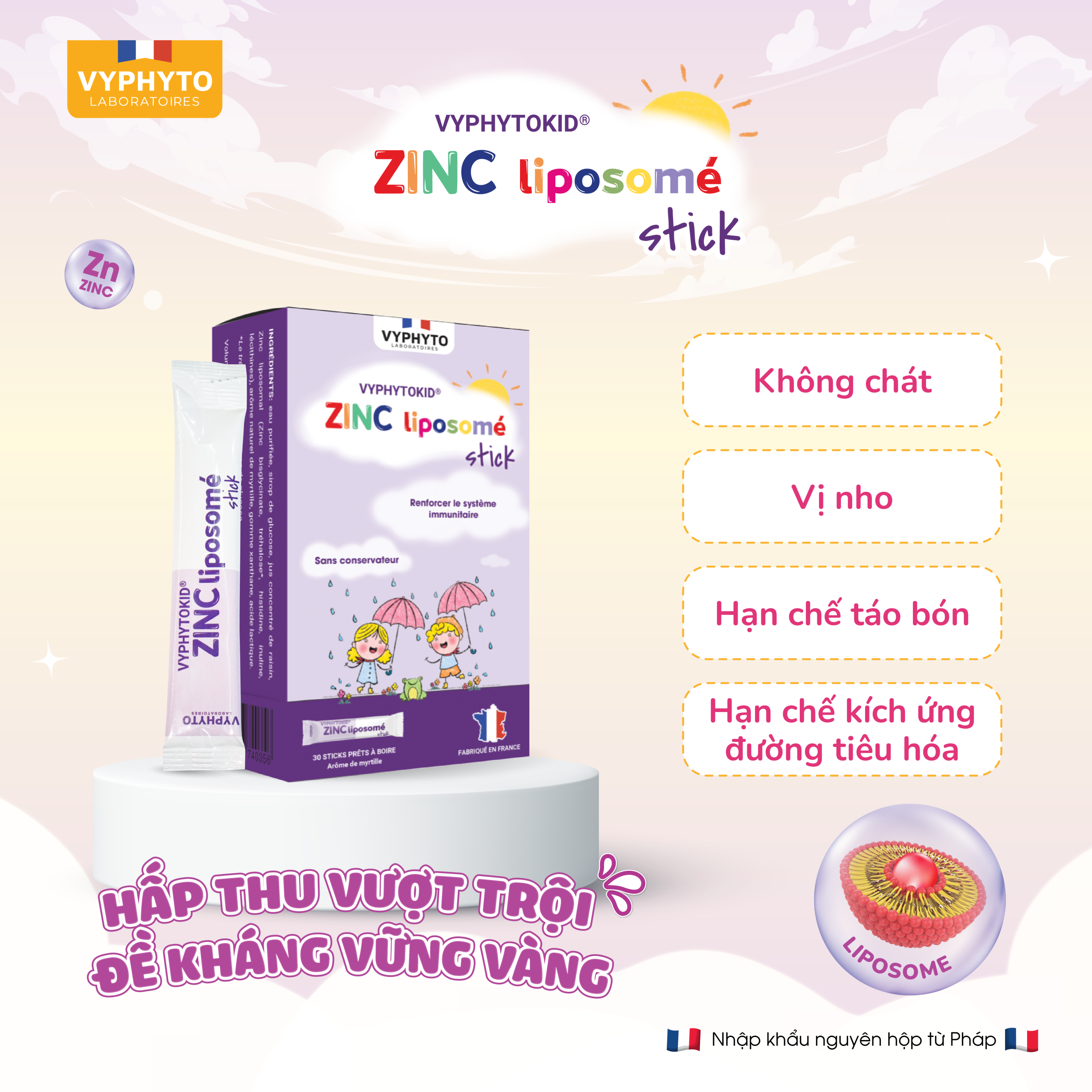 Thực phẩm bảo vệ sức khỏe VYPHYTOKID ZINC liposomé stick hỗ trợ bổ sung kẽm (hộp 14 gói)