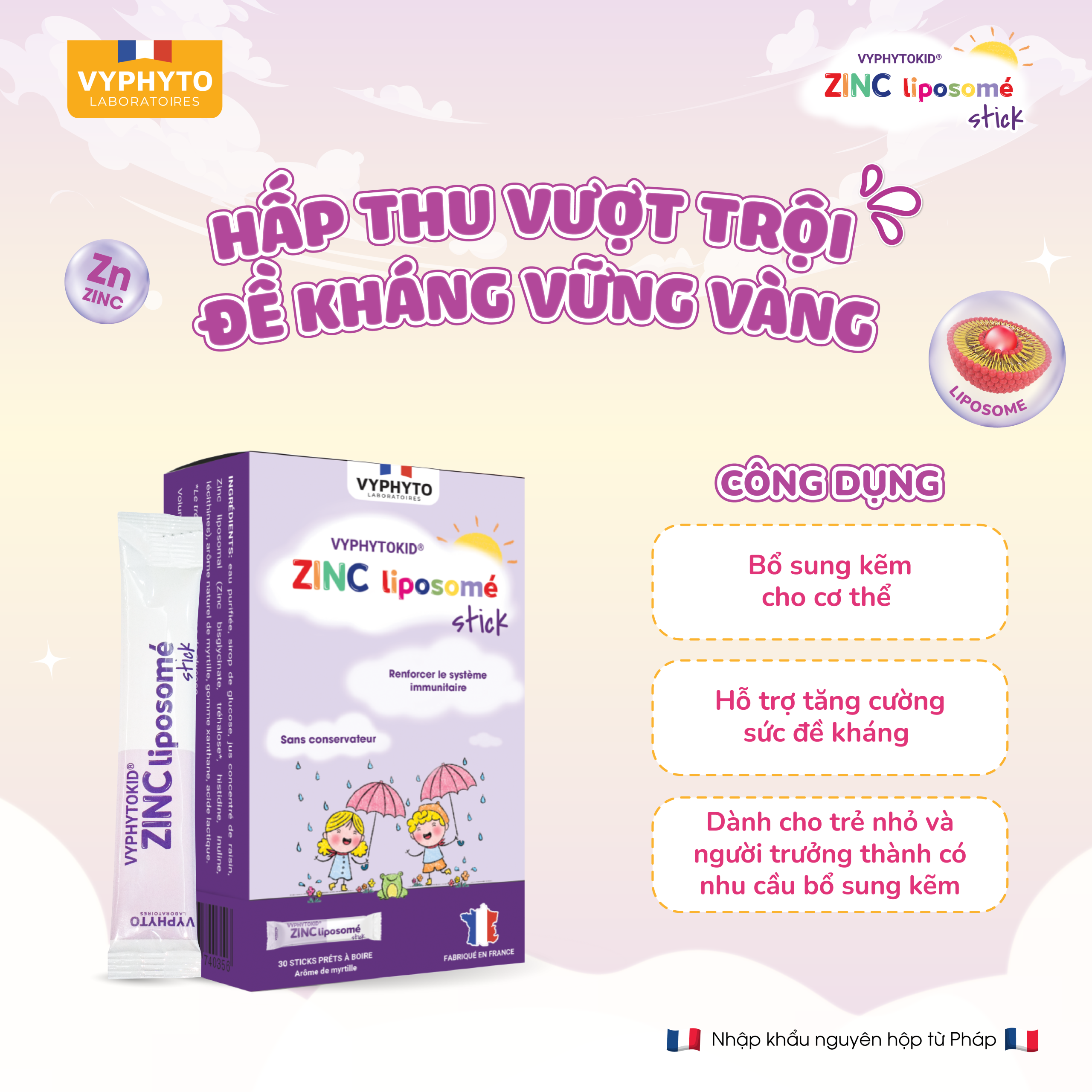 Thực phẩm bảo vệ sức khỏe VYPHYTOKID ZINC liposomé stick hỗ trợ bổ sung kẽm (hộp 14 gói)