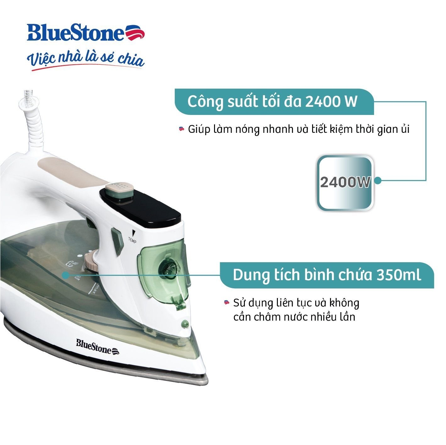 Bàn Ủi Hơi Nước BlueStone SIB-3879 0.35 Lít 2020-2400W