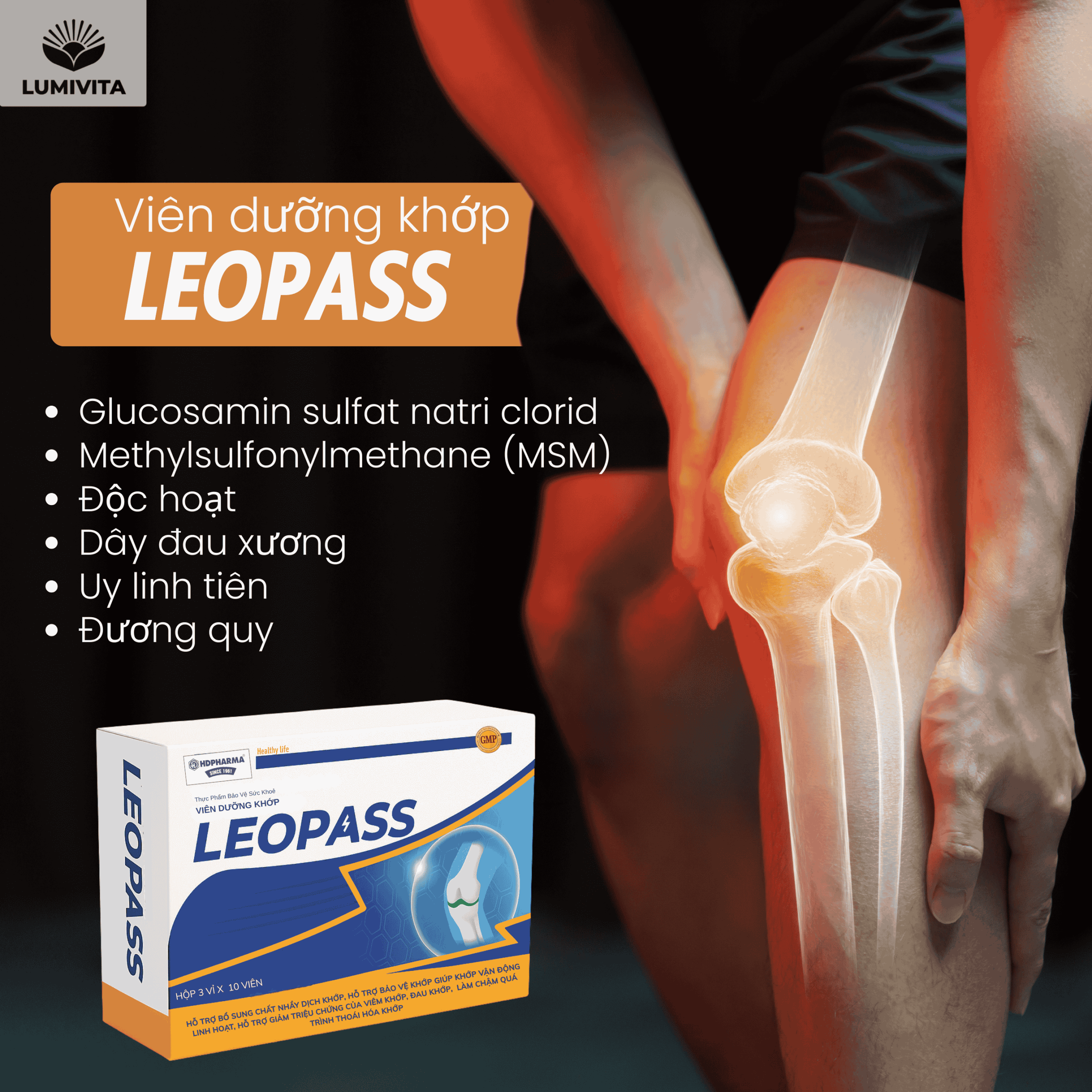 Viên dưỡng khớp LEOPASS: hỗ trợ viêm khớp, thoái hoá khớp tăng cường tái tạo sụn và xương khớp.