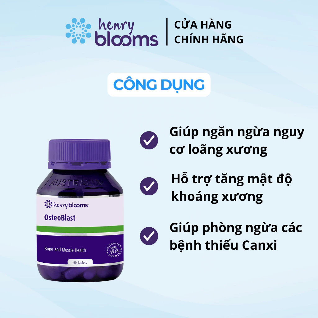 Viên uống bổ sung canxi HENRY BLOOMS Osteoblast Vitamin D3,Vitamin K xương chắc khoẻ giảm loãng xương (60 viên)