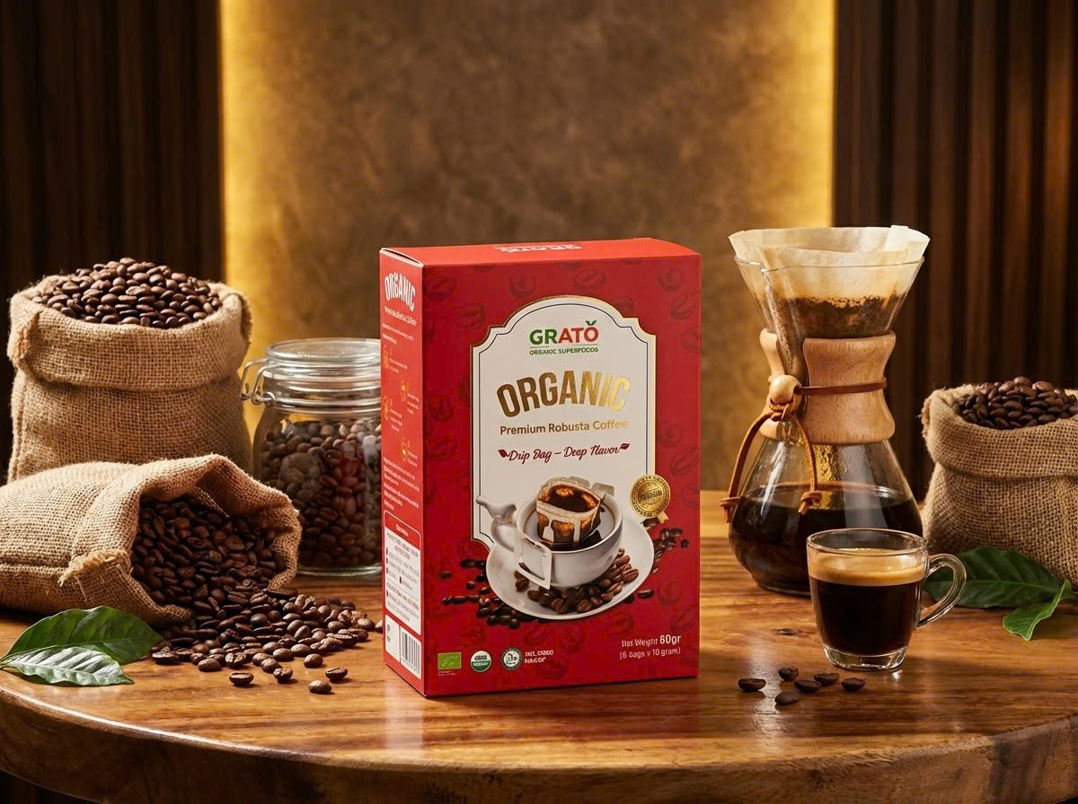 Cà Phê Robusta Hữu Cơ Thượng Hạng Phin Giấy GRATO (6 gói x10 gram)