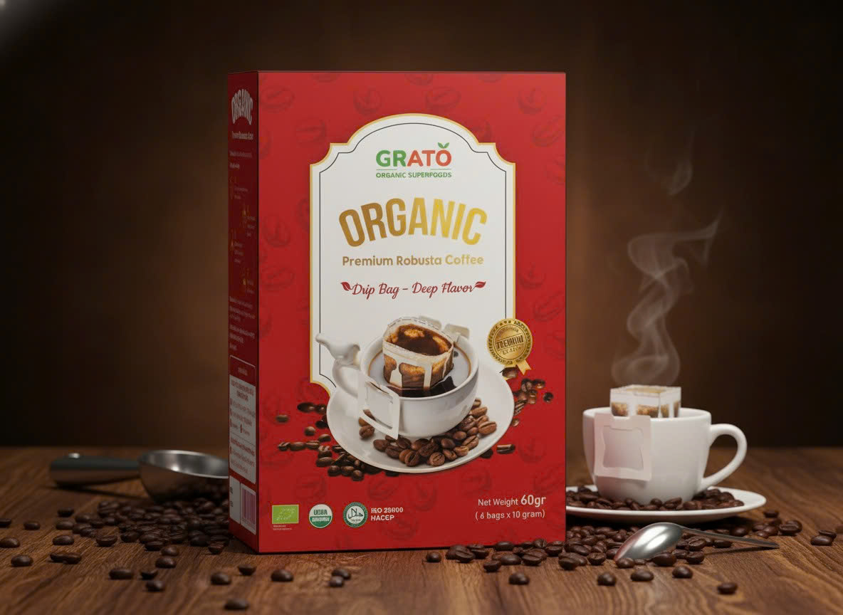 Cà Phê Robusta Hữu Cơ Thượng Hạng Phin Giấy GRATO (6 gói x10 gram)
