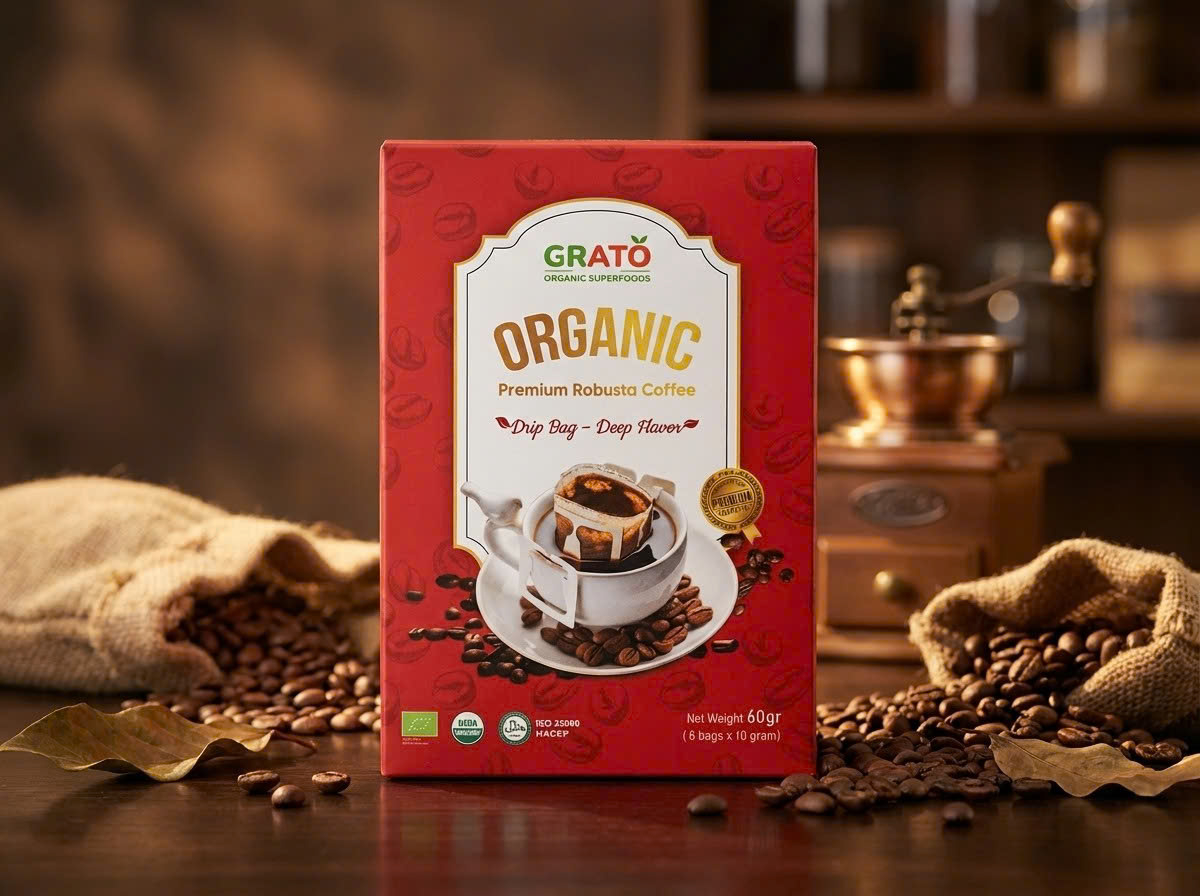 Cà Phê Robusta Hữu Cơ Thượng Hạng Phin Giấy GRATO (6 gói x10 gram)
