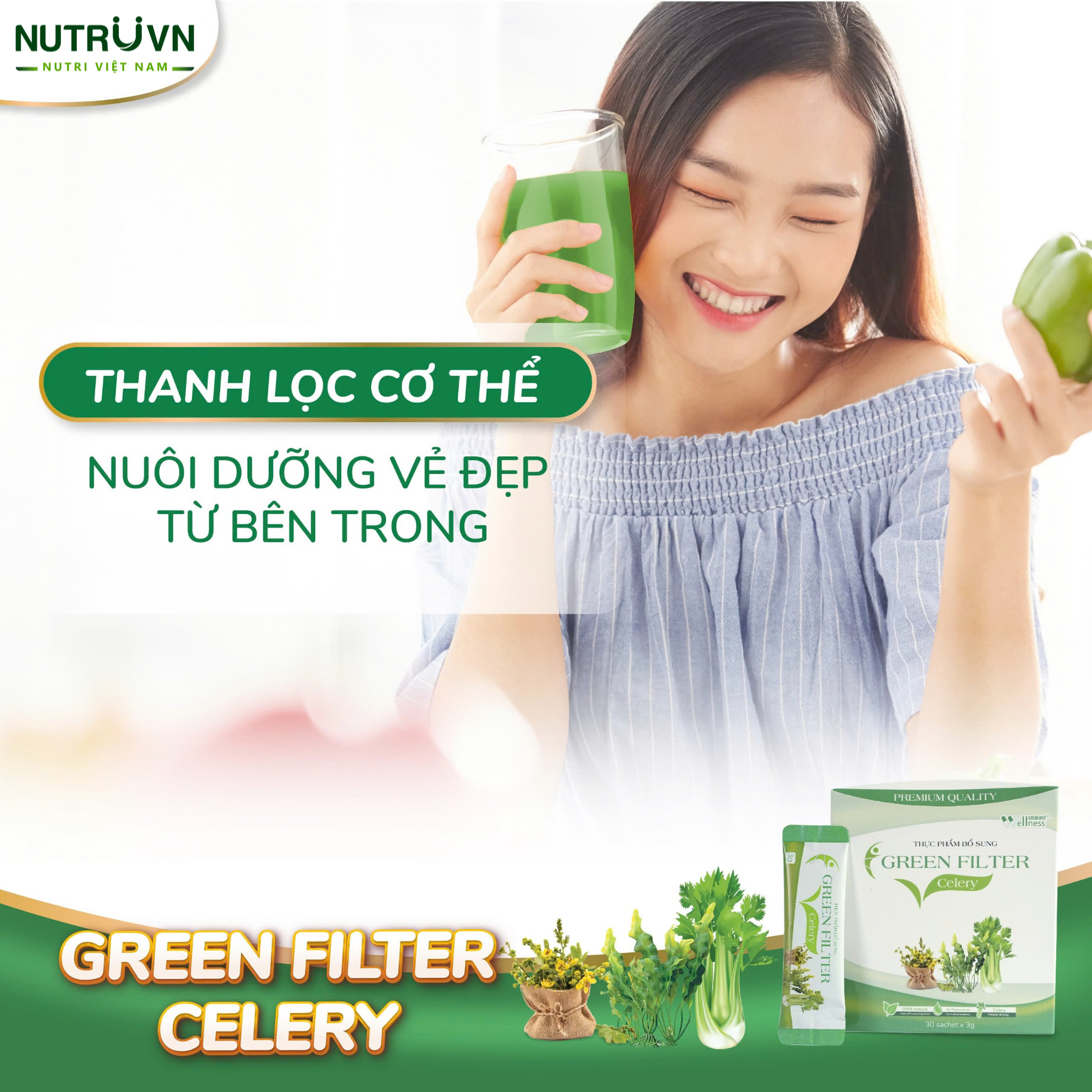 Bột cần tây sấy lạnh Green Filter Celery – Bổ sung chất xơ, thanh lọc cơ thể, giảm cholesterol 30 gói
