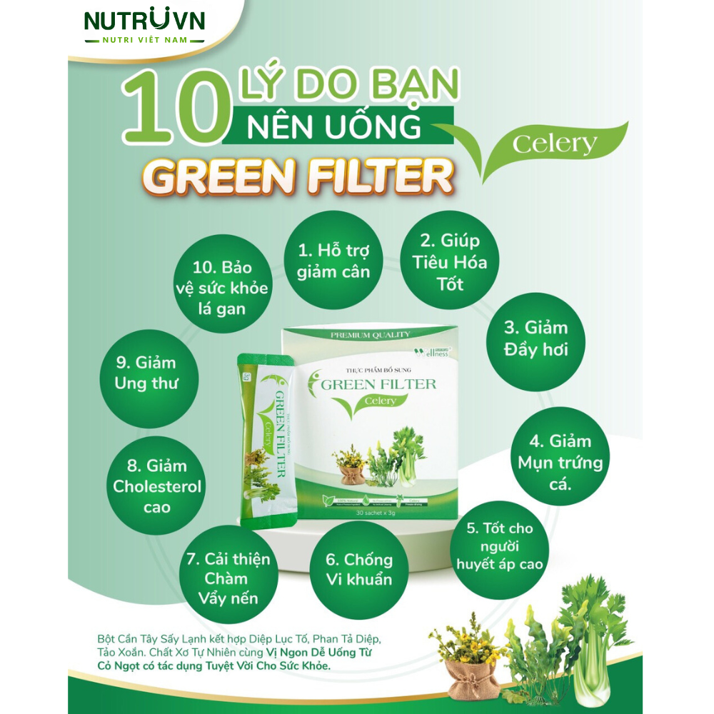 Bột cần tây sấy lạnh Green Filter Celery – Bổ sung chất xơ, thanh lọc cơ thể, giảm cholesterol 30 gói