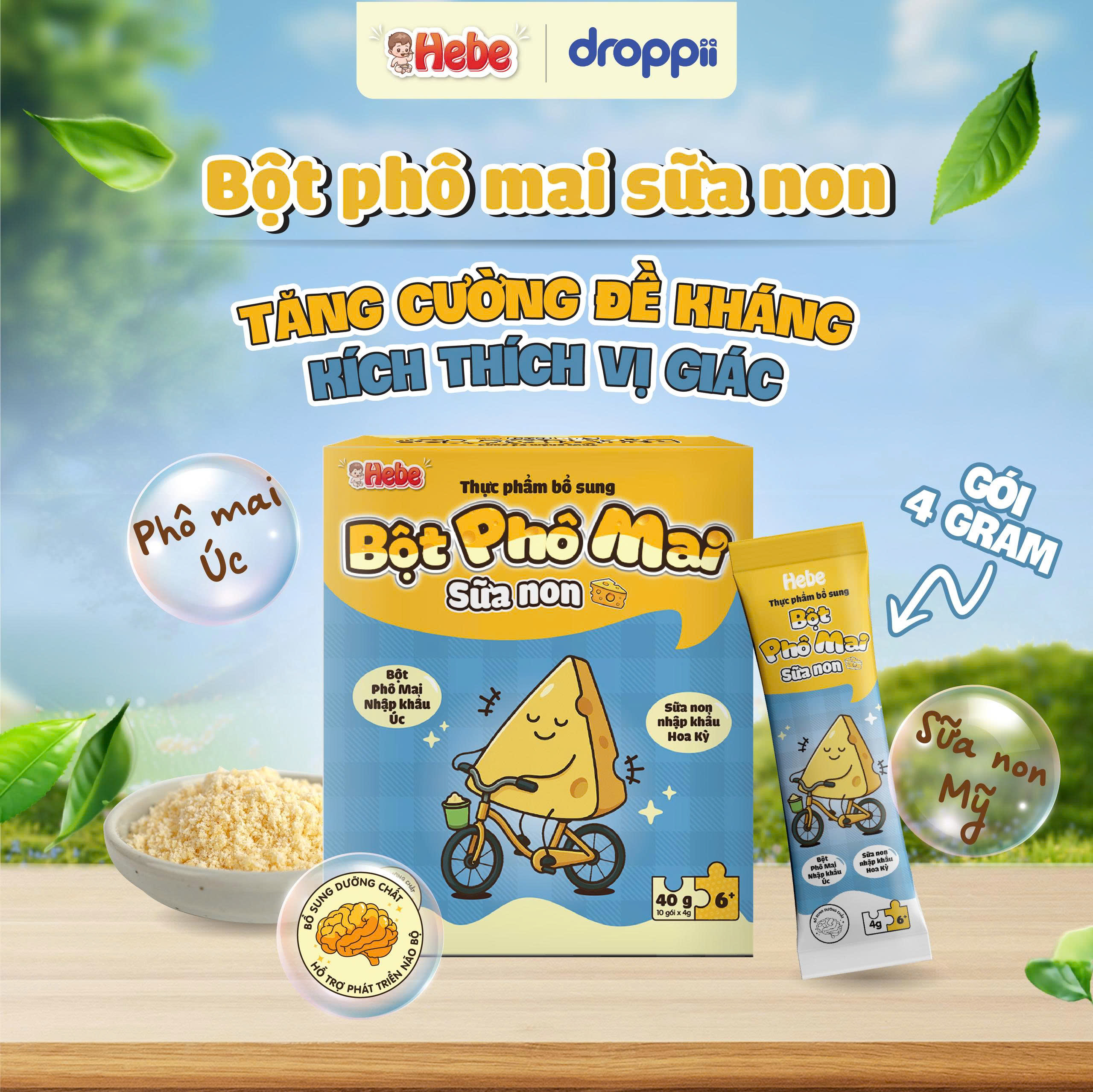 TPBS Hebe Bột Phô Mai Sữa Non Tách Muối giúp bé phát triển thể chất đẩy cân vượt bậc (Hộp 10 gói/ gói 4g)