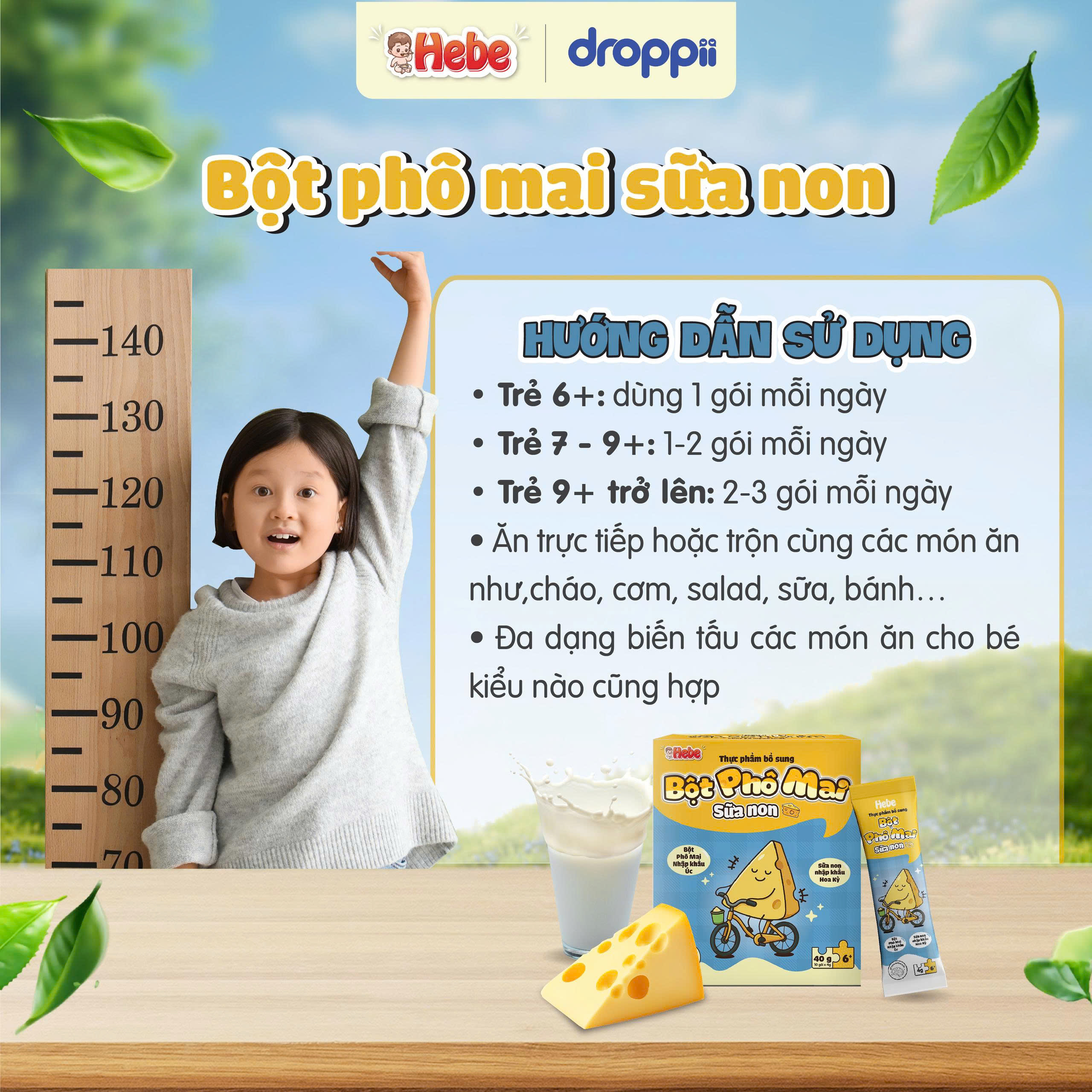 TPBS Hebe Bột Phô Mai Sữa Non Tách Muối giúp bé phát triển thể chất đẩy cân vượt bậc (Hộp 10 gói/ gói 4g)
