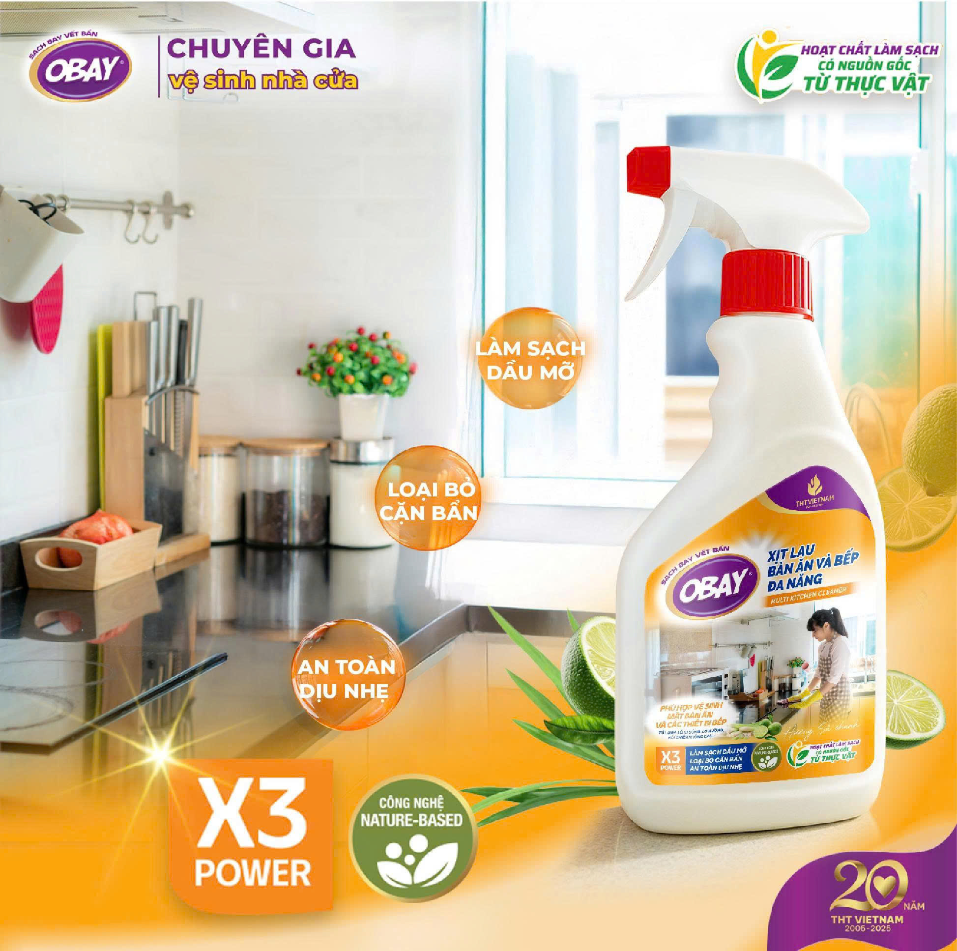 Xịt lau bàn ăn và bếp đa năng OBAY – Hương sả chanh 450ml