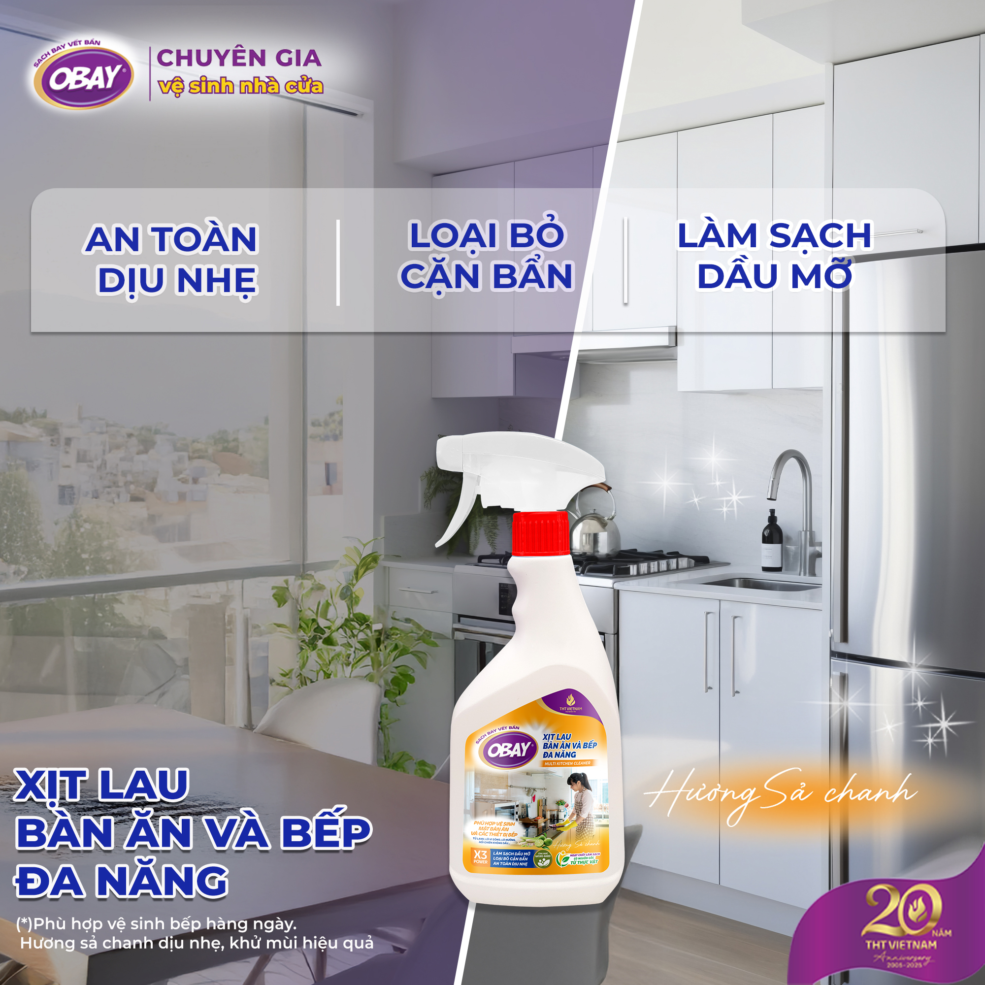 Xịt lau bàn ăn và bếp đa năng OBAY – Hương sả chanh 450ml