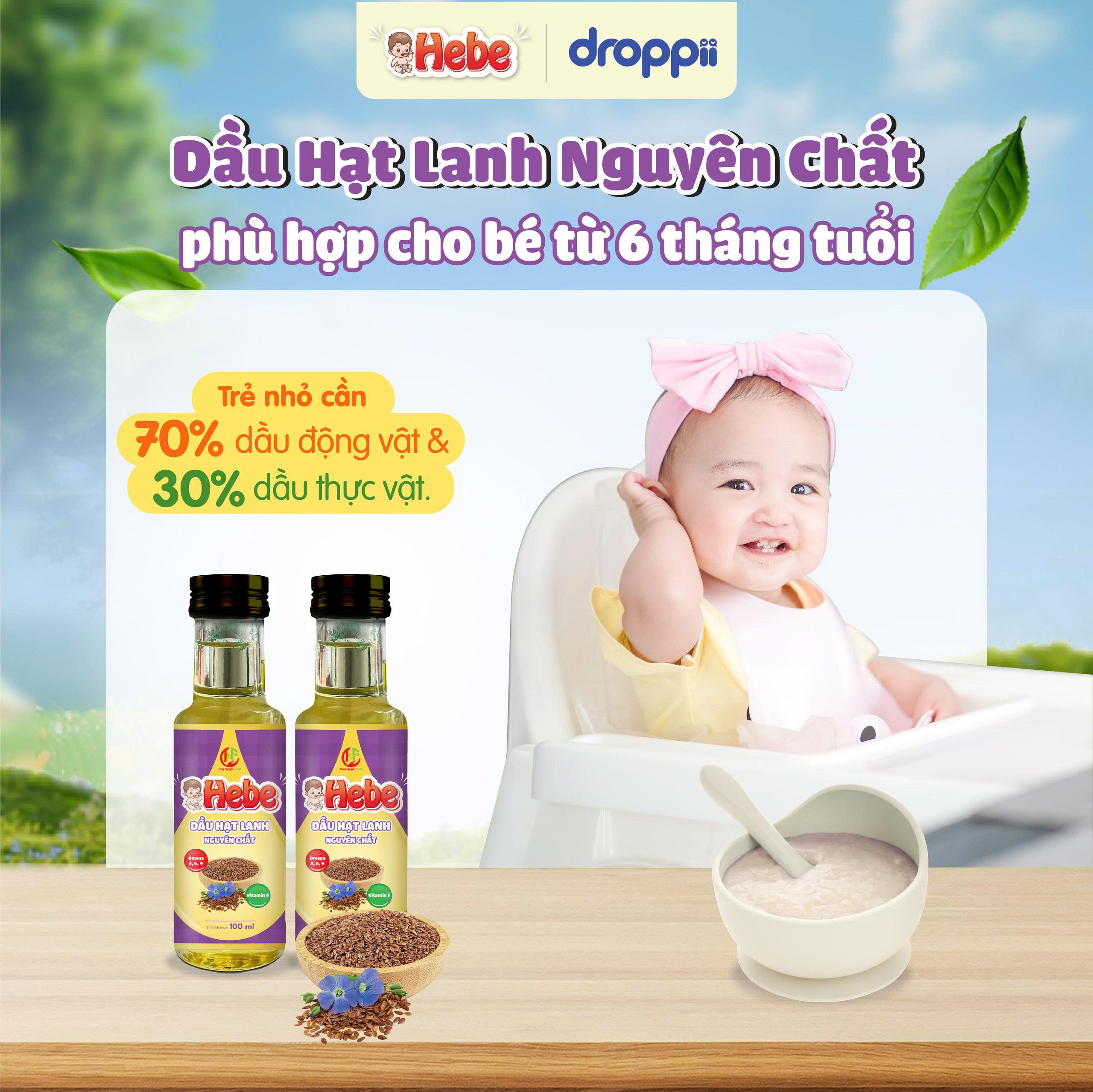 Dầu Hạt Lanh Nguyên Chất HEBE hỗ trợ phát triển trí não cho bé (chai 100ml)