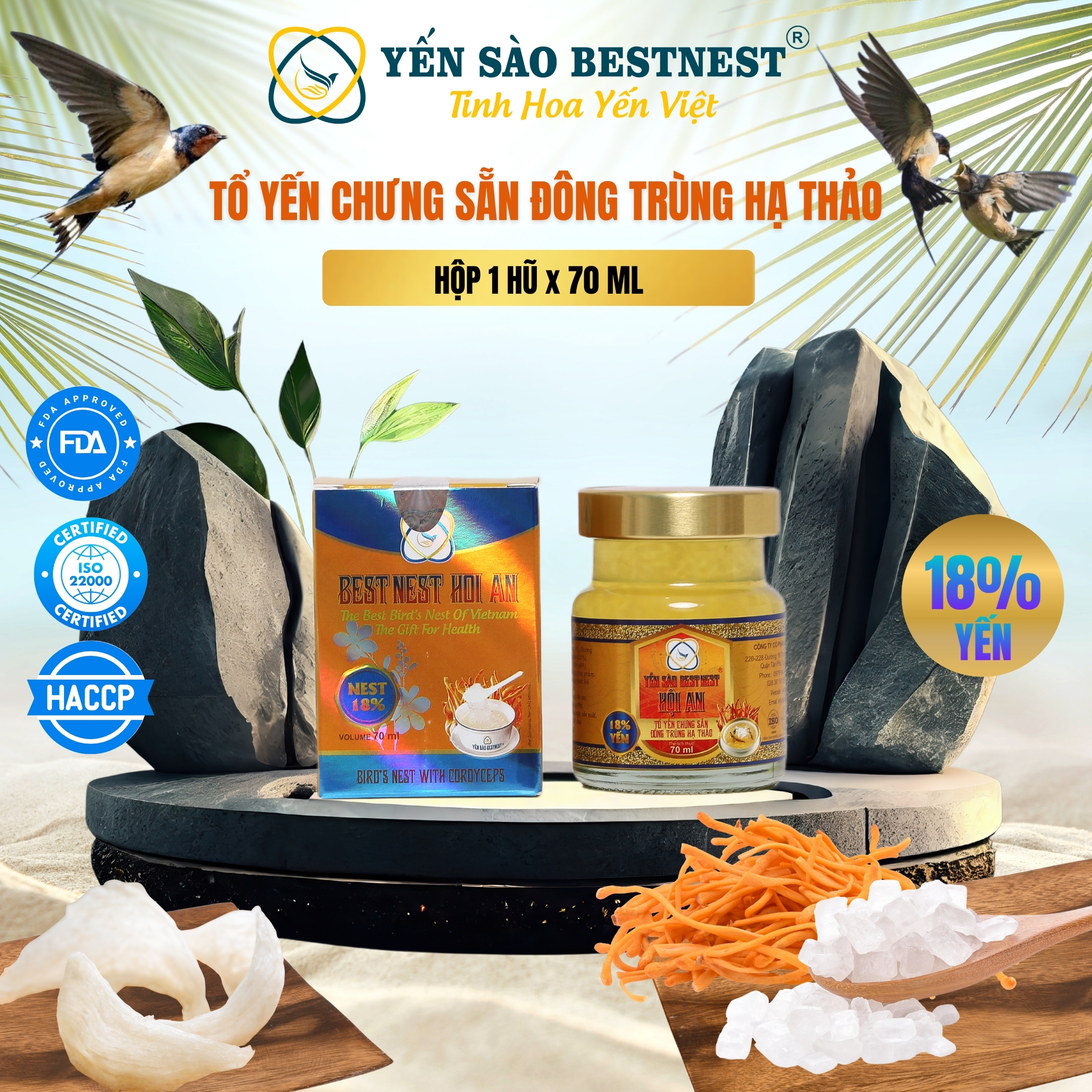 Hộp 1 hũ Tổ yến chưng sẵn BESTNEST HỘI AN 18% Đông Trùng Hạ Thảo