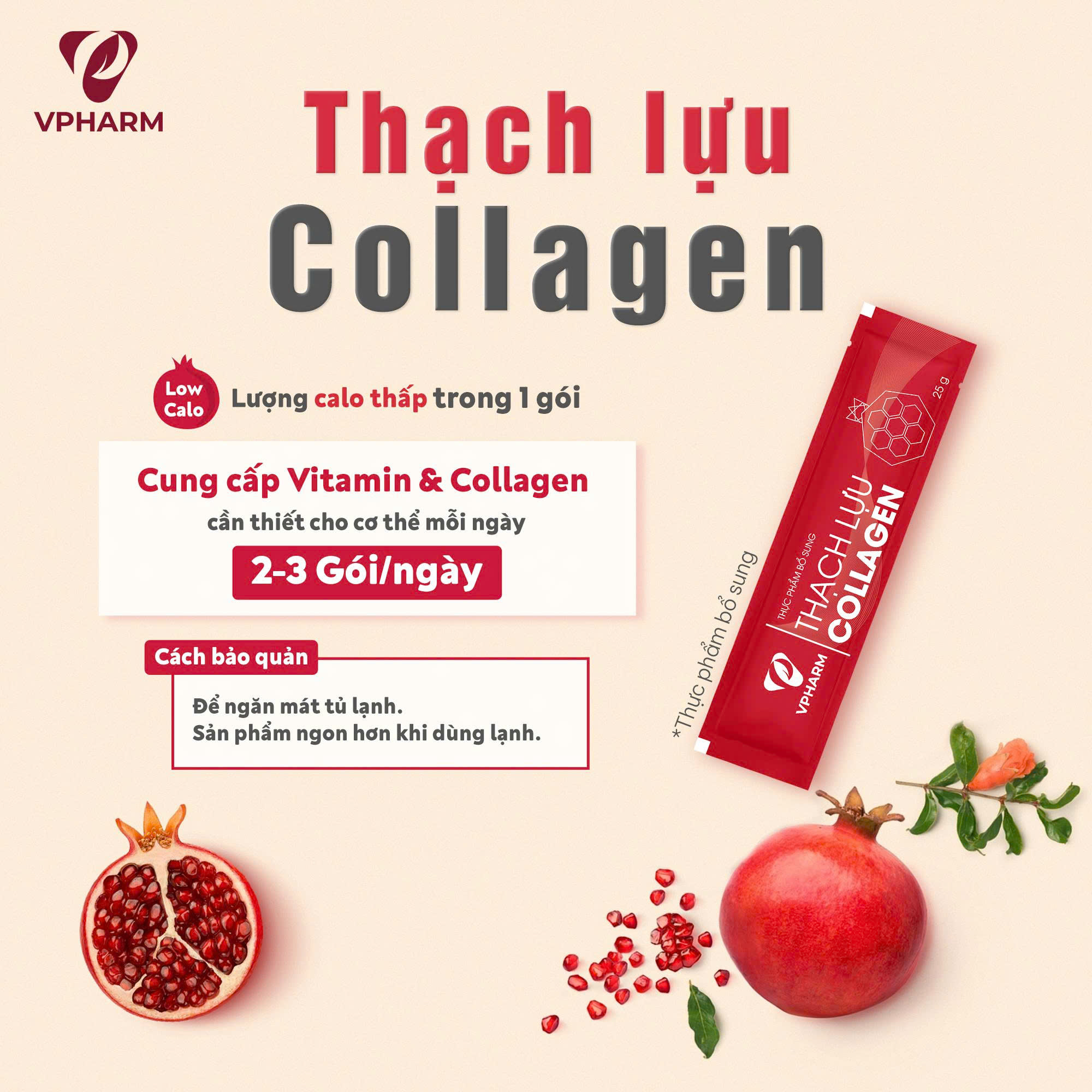 Thực phẩm bổ sung Thạch lựu Collagen – Hộp 30 gói