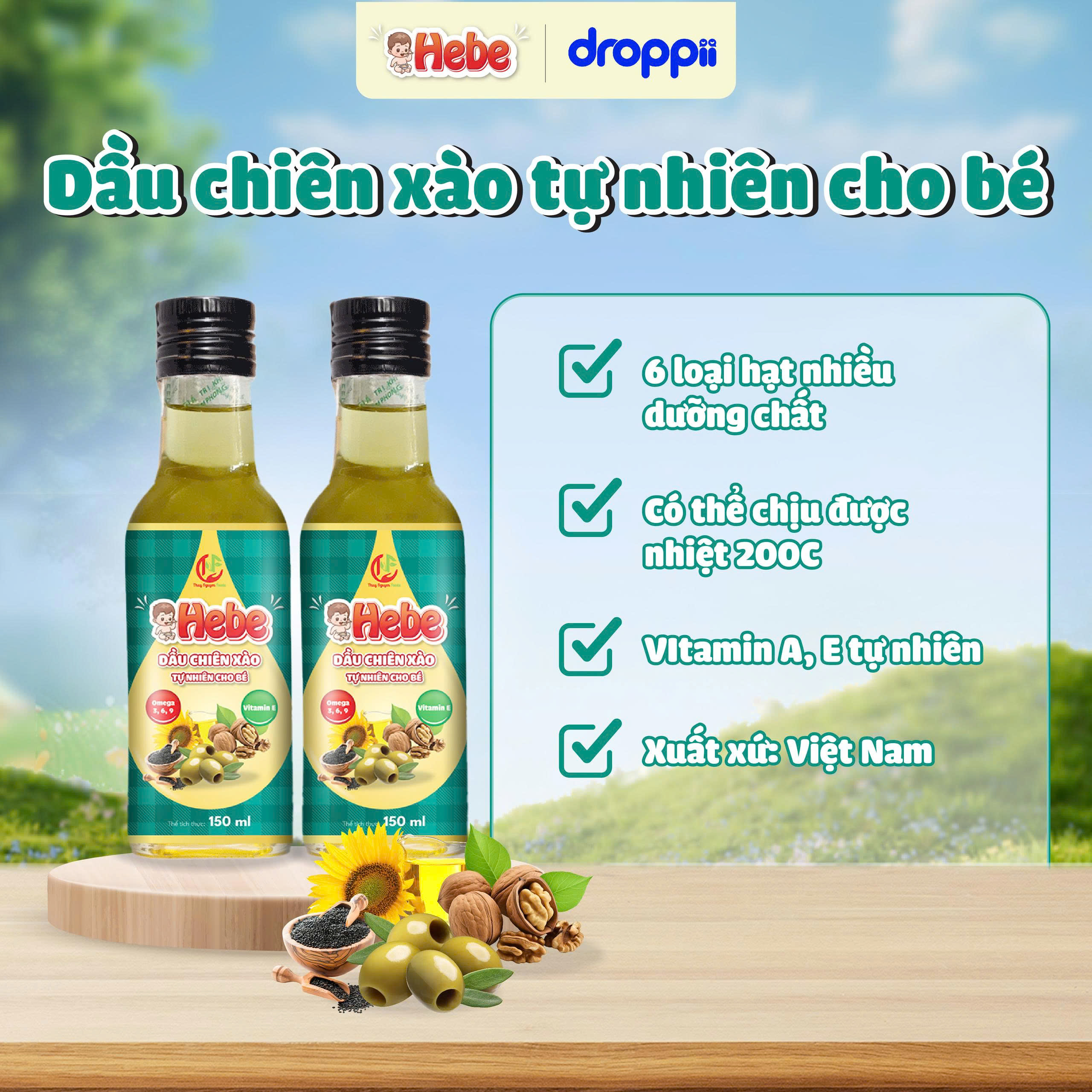 Dầu chiên xào tự nhiên cho bé HEBE chịu nhiệt 200°C (chai 150ml)