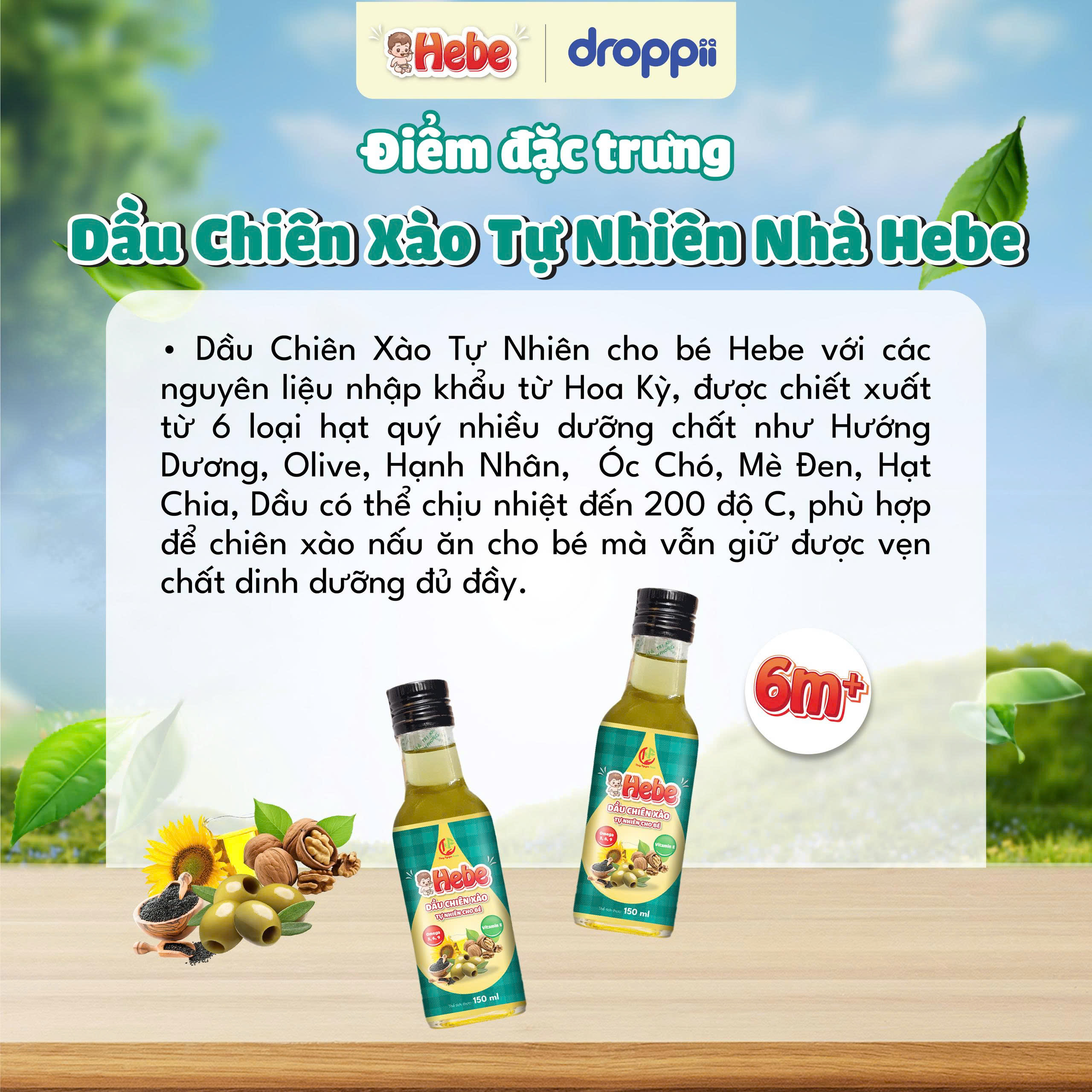 Dầu chiên xào tự nhiên cho bé HEBE chịu nhiệt 200°C (chai 150ml)