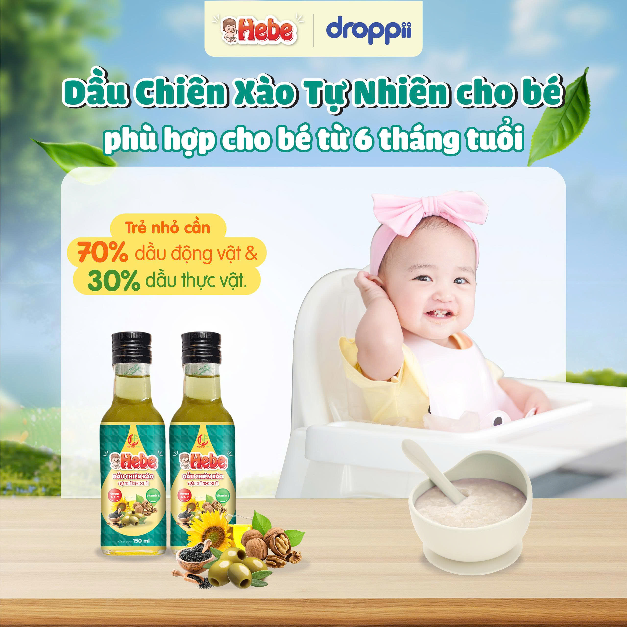 Dầu chiên xào tự nhiên cho bé HEBE chịu nhiệt 200°C (chai 150ml)