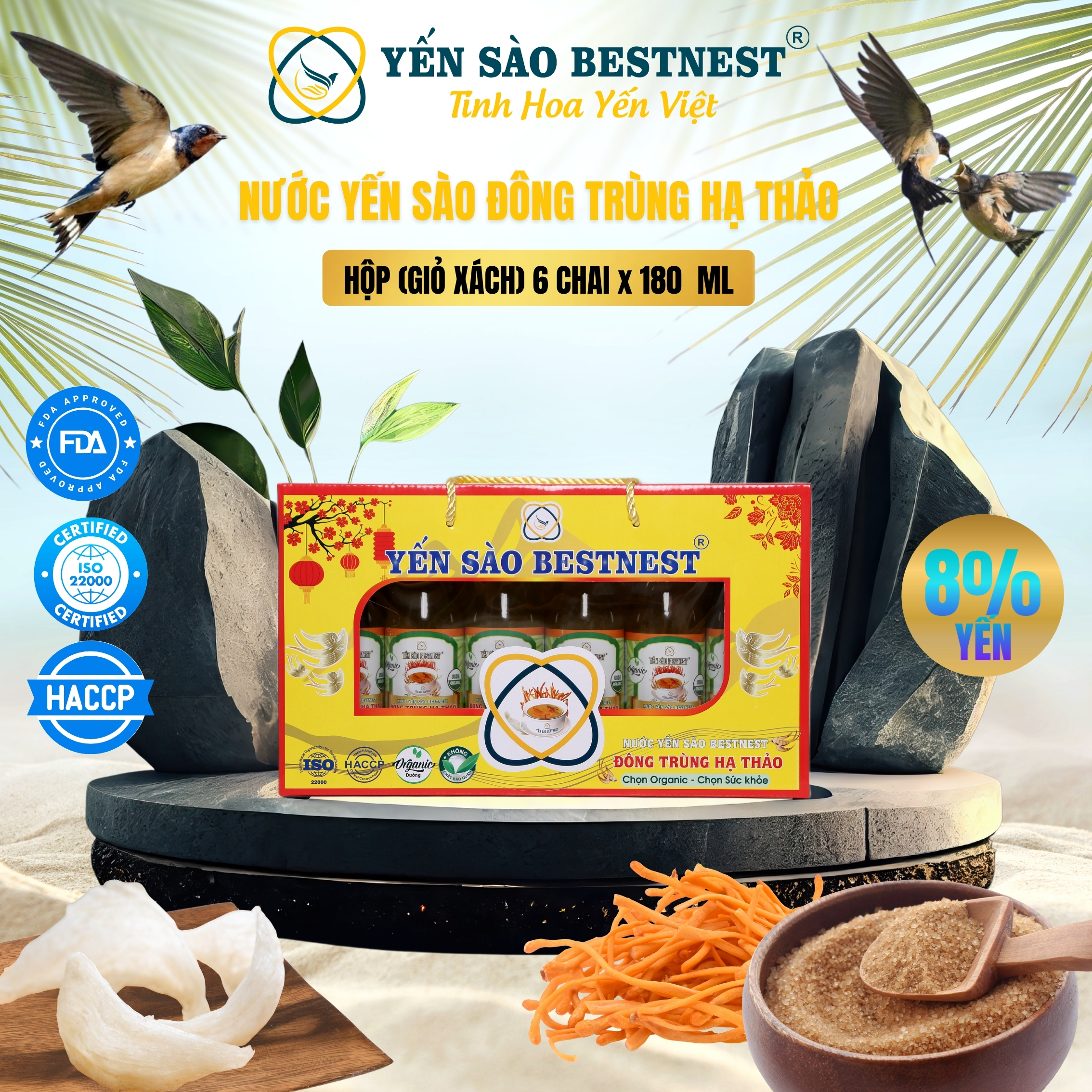 Hộp 6 chai Nước yến sào BESTNEST Nước yến sào BESTNEST Đông trùng hạ thảo 180ml