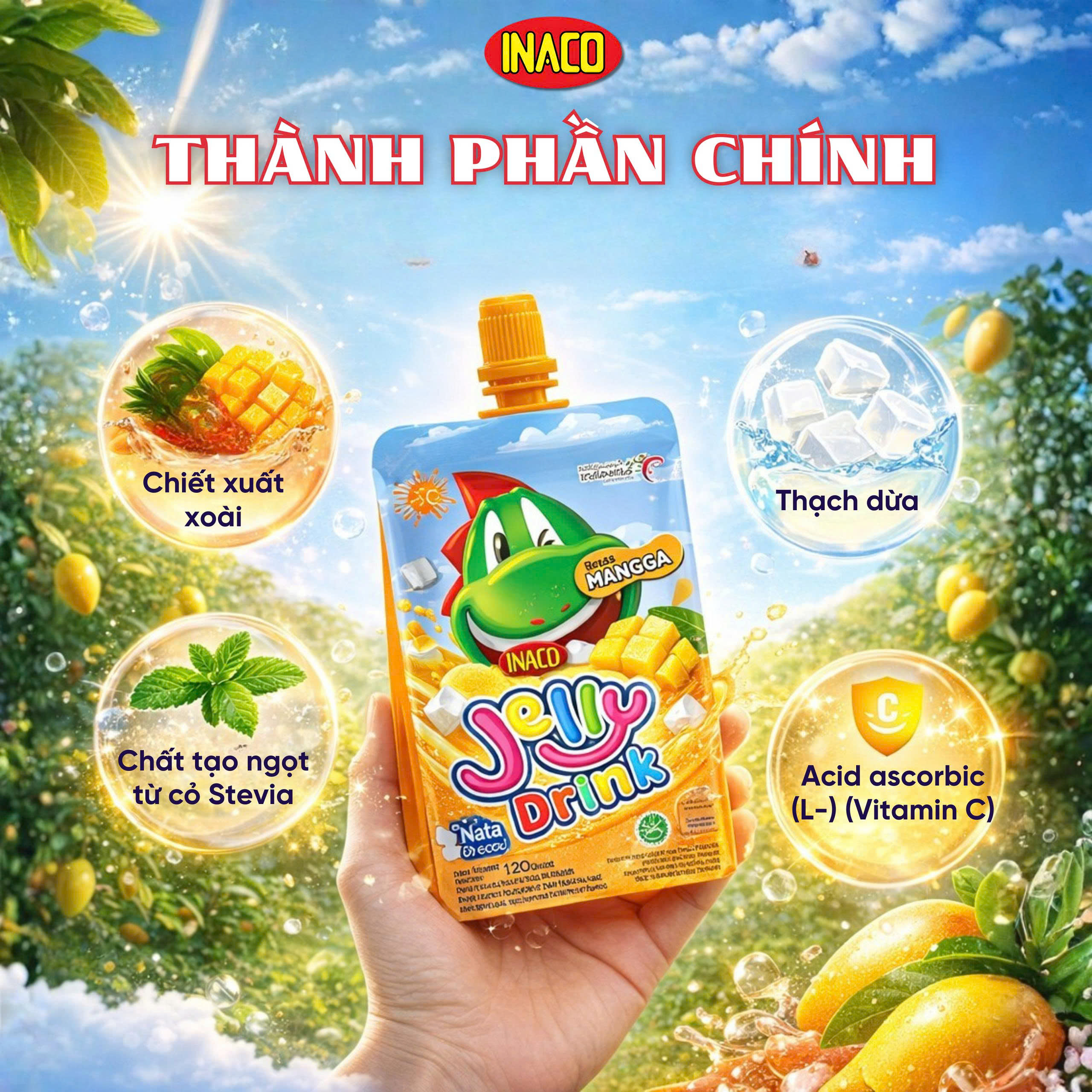 1 Gói (5 túi x 120g) INACO Jelly Drink Mango – Nước thạch quả xoài